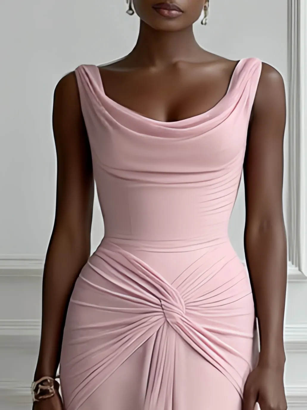 Pink Ruched Slit Formal Dress Cowl Neck Sleeveless A-Line Gown Dress