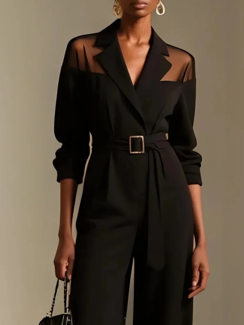 Women Black Mesh Lapel Collar Long Sleeve Dressy Jumpsuit