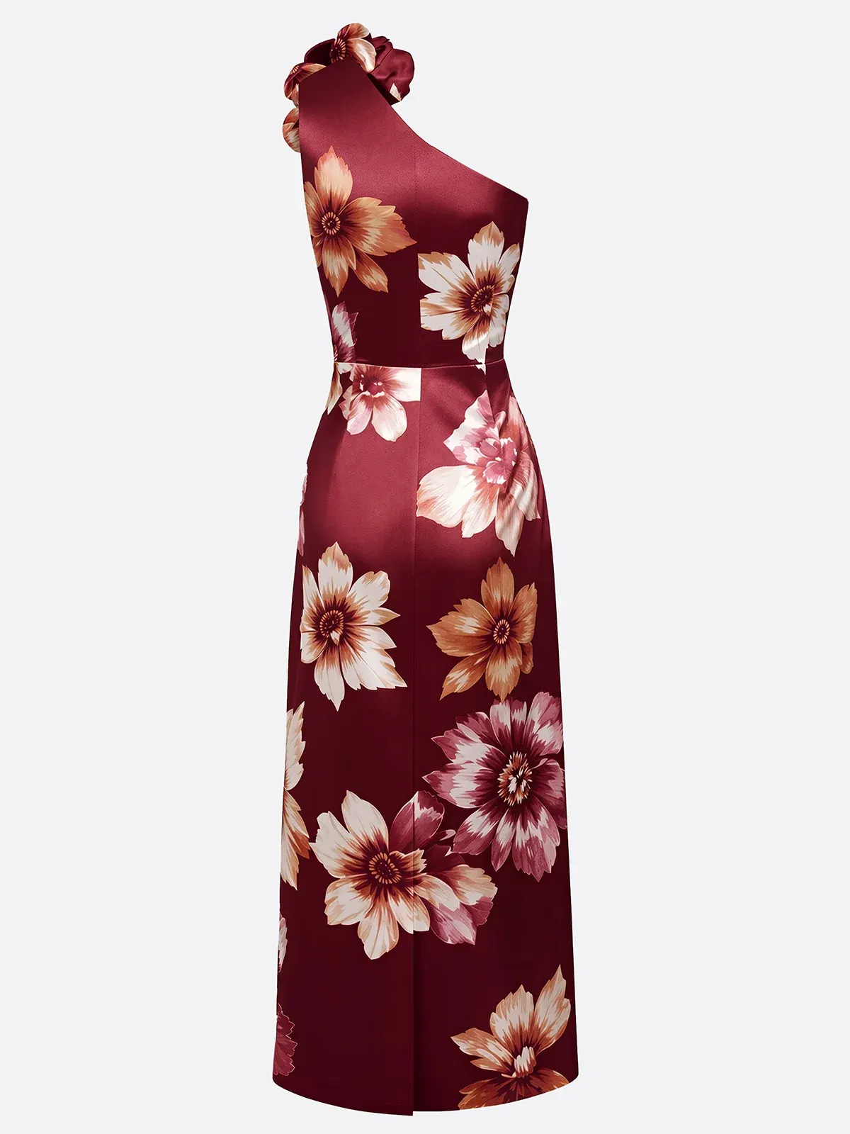 Burgundy 3D Floral Satin One Shoulder Sleeveless Sheath Midi Dress