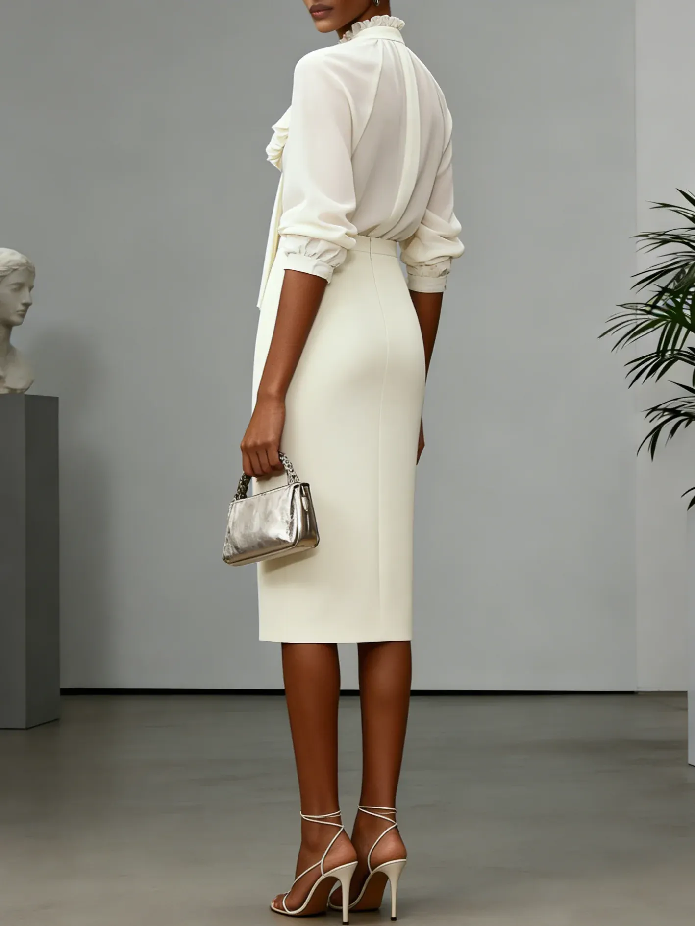 Women Beige Bow Pleated Tie Neck Elegant Top With Skirt Two-Piece Set - Beige