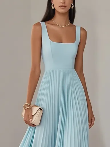 Light Blue Pleated Square Neck Sleeveless A-Line Maxi Dress