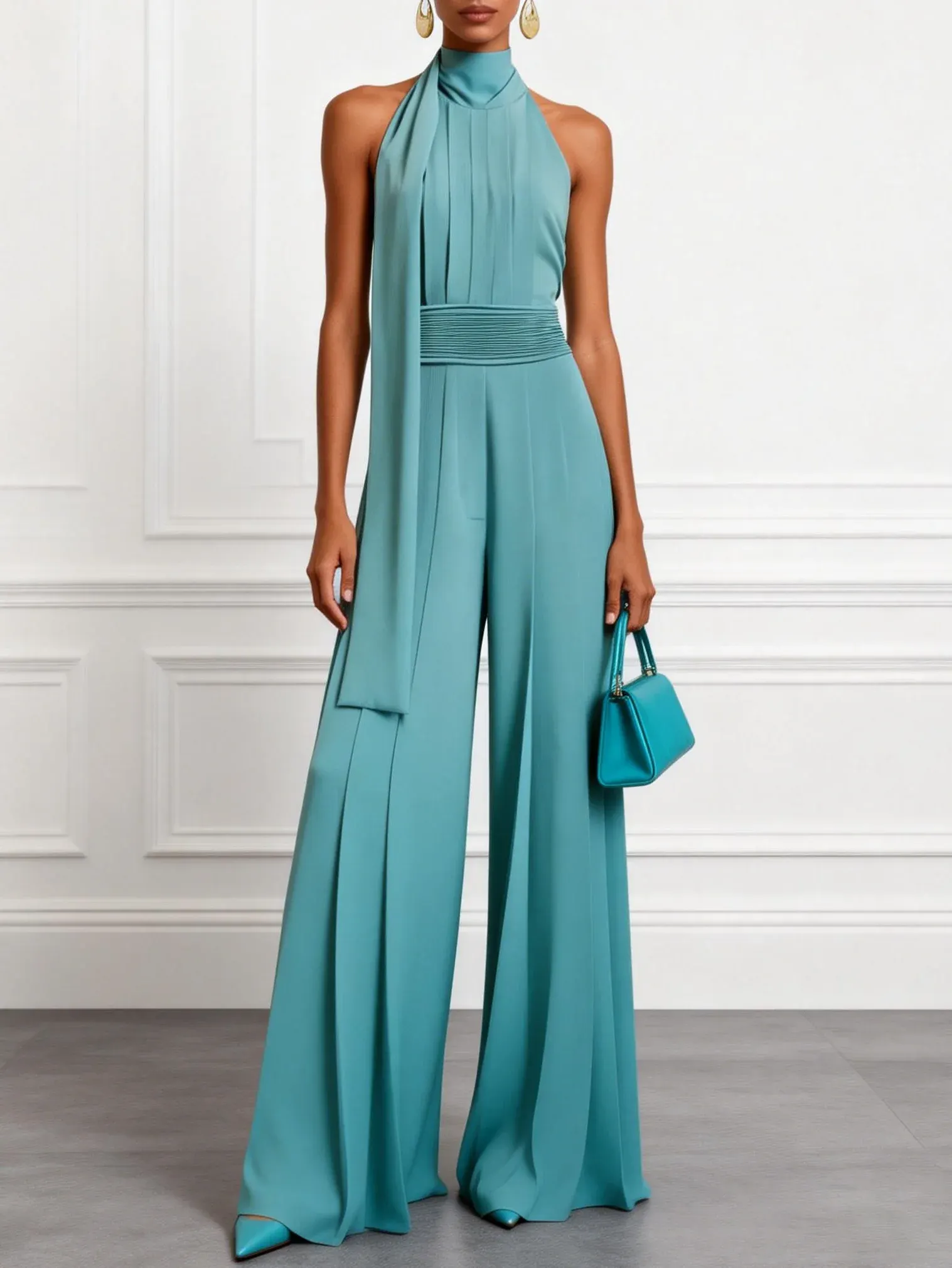 Women Cyan Ruched Halter Mock Neck Sleeveless Dressy Jumpsuit - Cyan