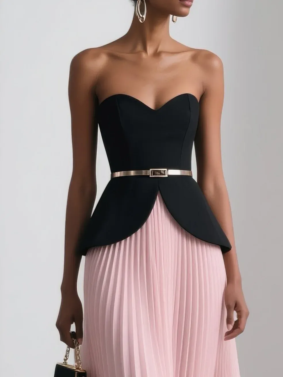 Women Pink Pleated Strapless Sleeveless Dressy Top With Skirt Two-Piece Set