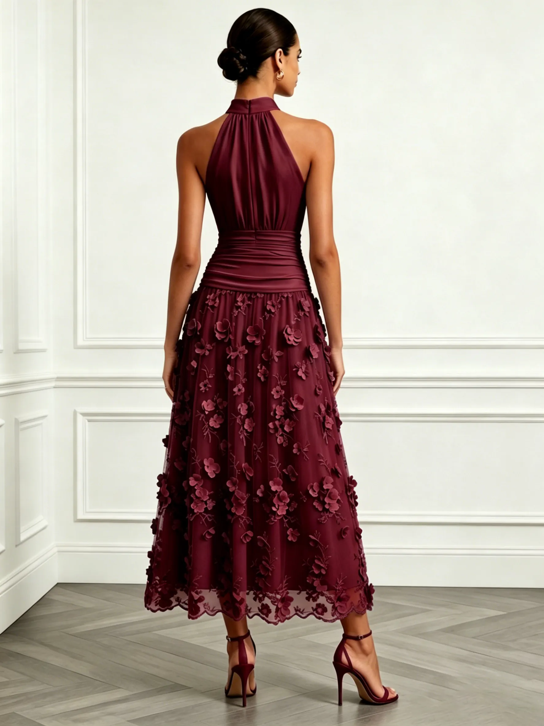 Wine Red 3D Floral Appliqué Embroidery Classic Halter Neck Sleeveless A-Line Maxi Dress
