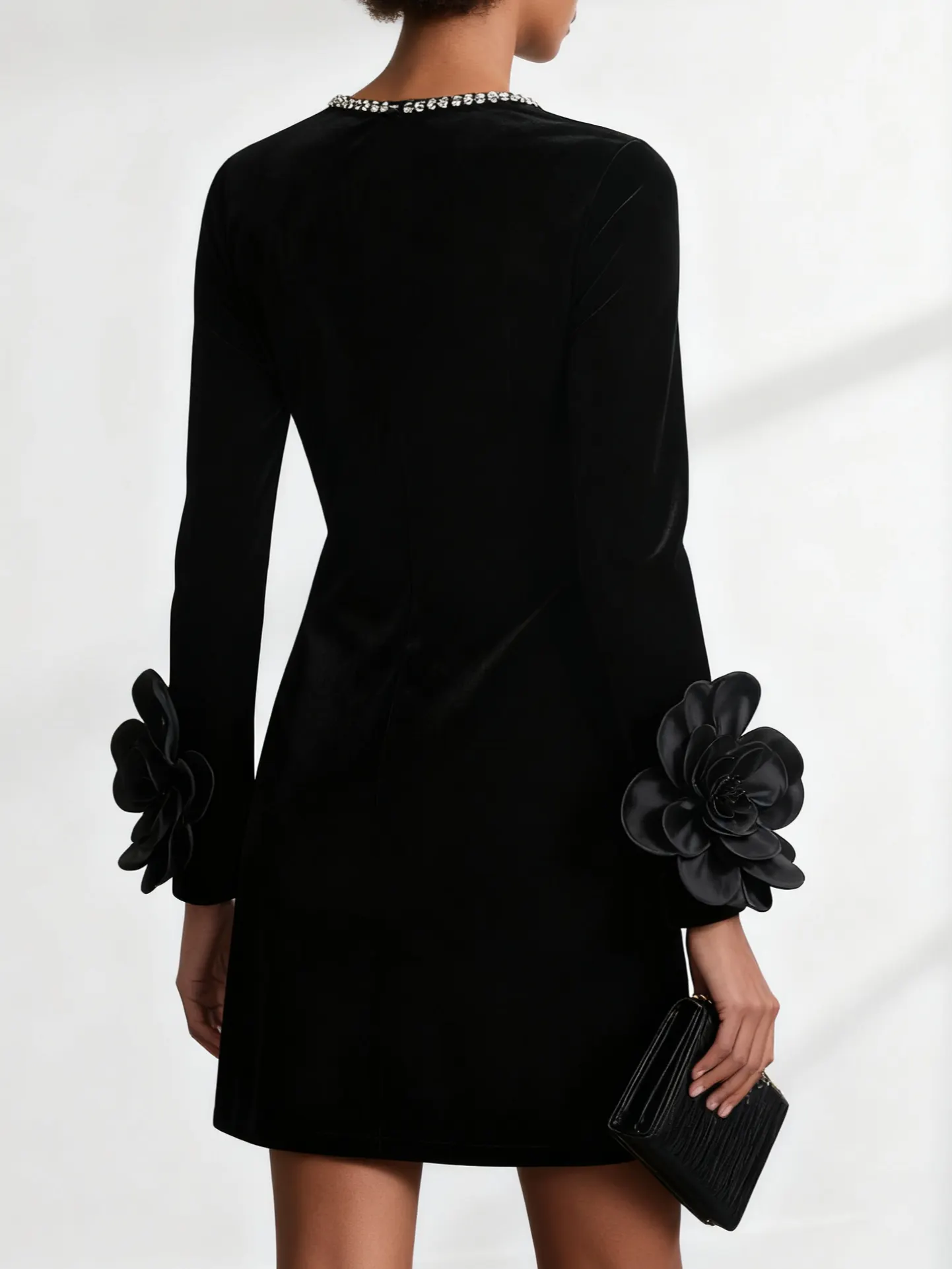 Black 3D Floral Rhinestone Velvet Crew Neck Long Sleeve Sheath Mini Dress
