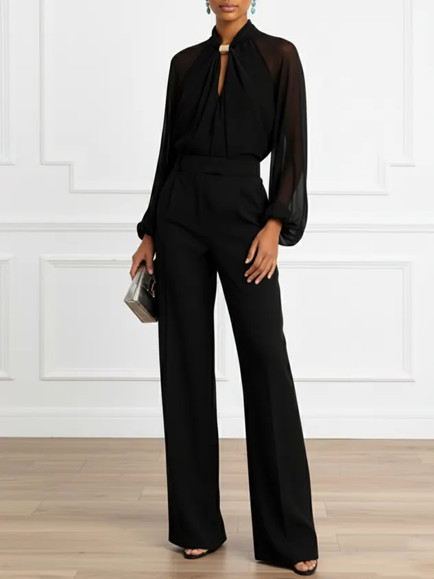 Women Black Metal Buckle Mock Neck Long Sleeve Balloon Sleeve Dressy Jumpsuit