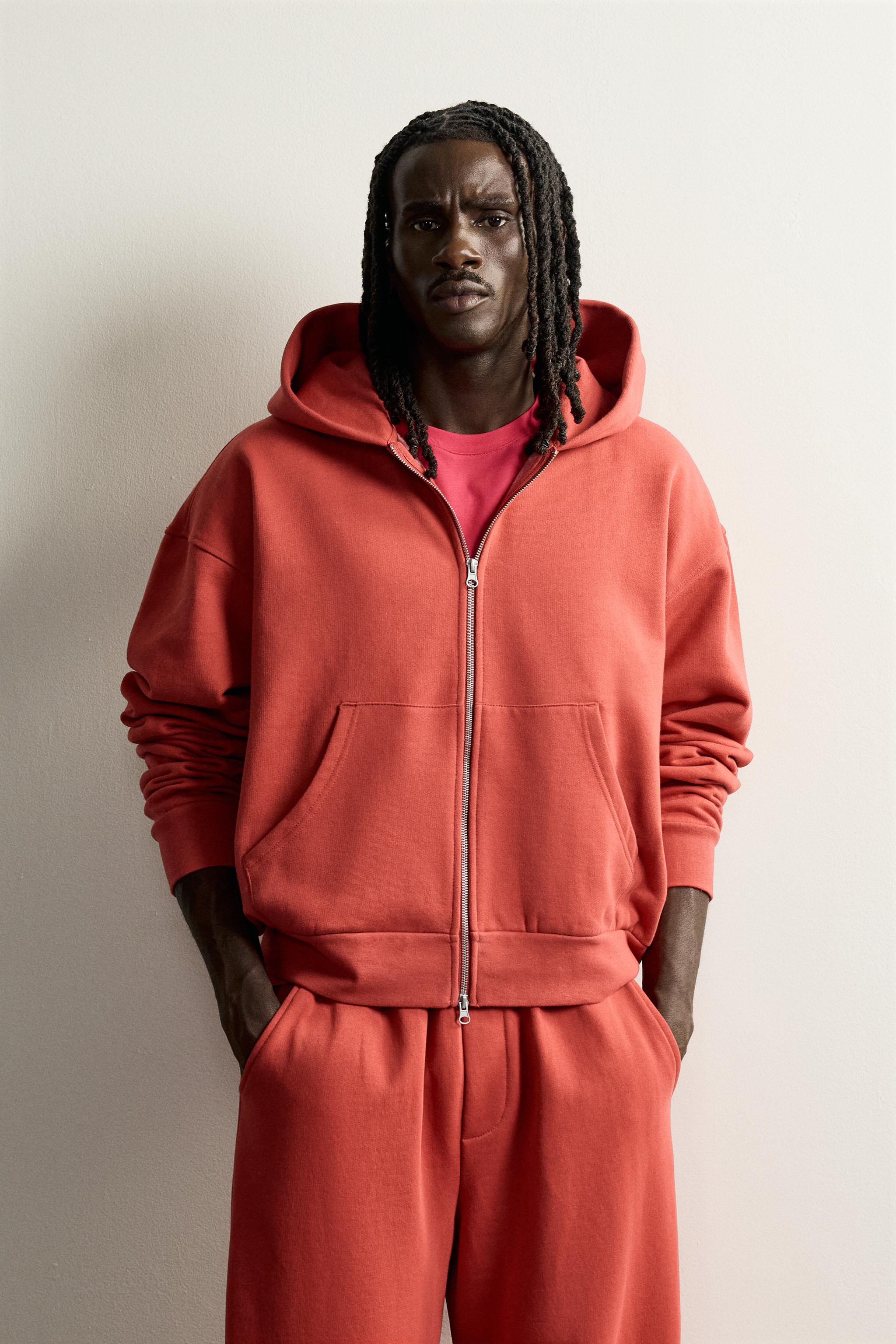BASIC BOXY-FIT ZIP-UP HOODIE - Red