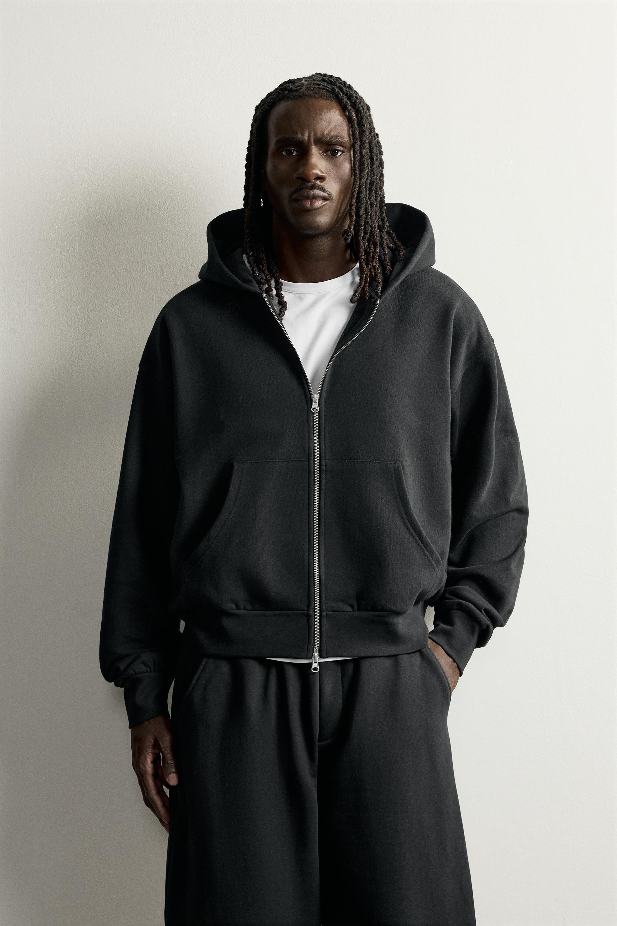 BASIC BOXY-FIT ZIP-UP HOODIE - Black