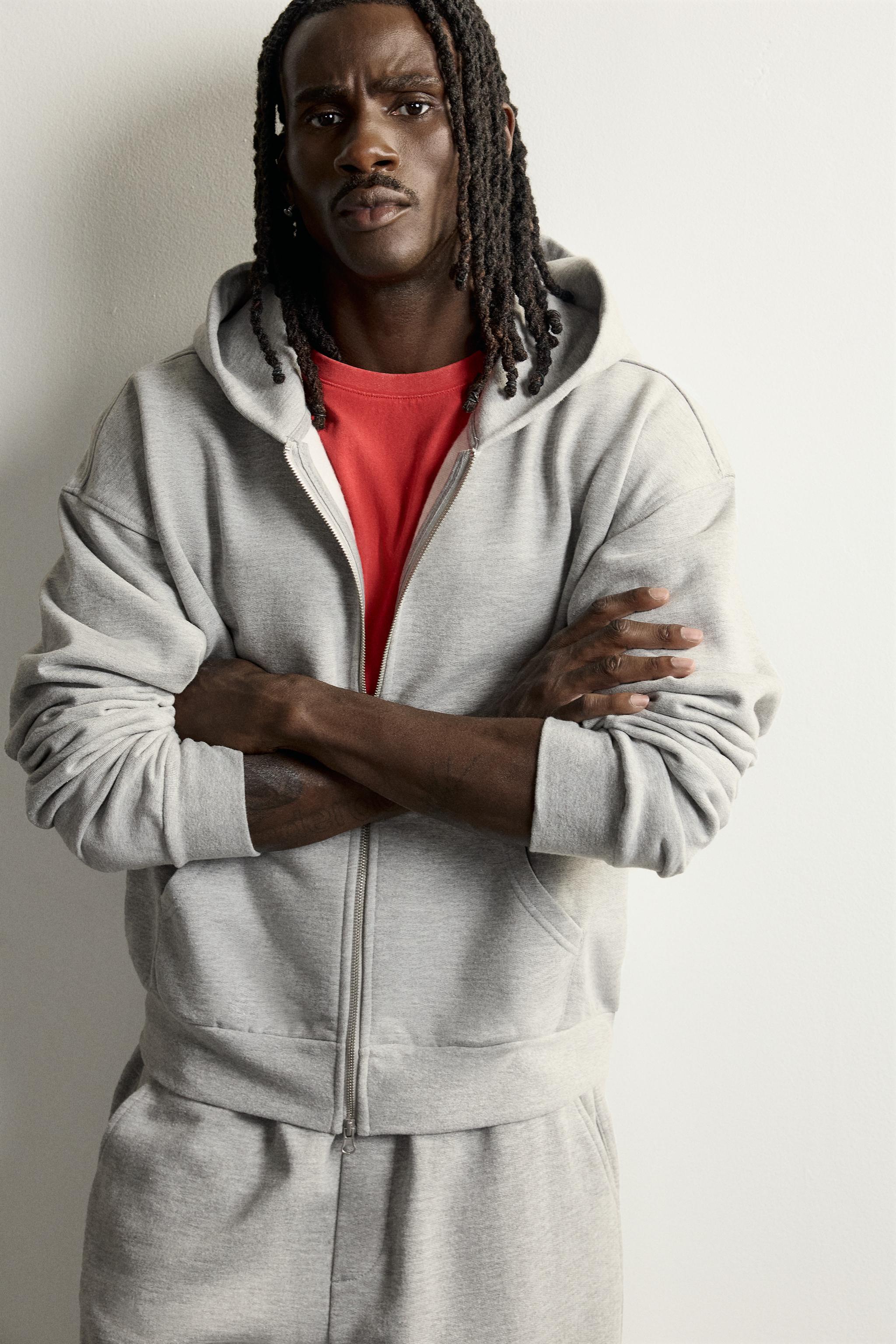 BASIC BOXY-FIT ZIP-UP HOODIE - Gray marl