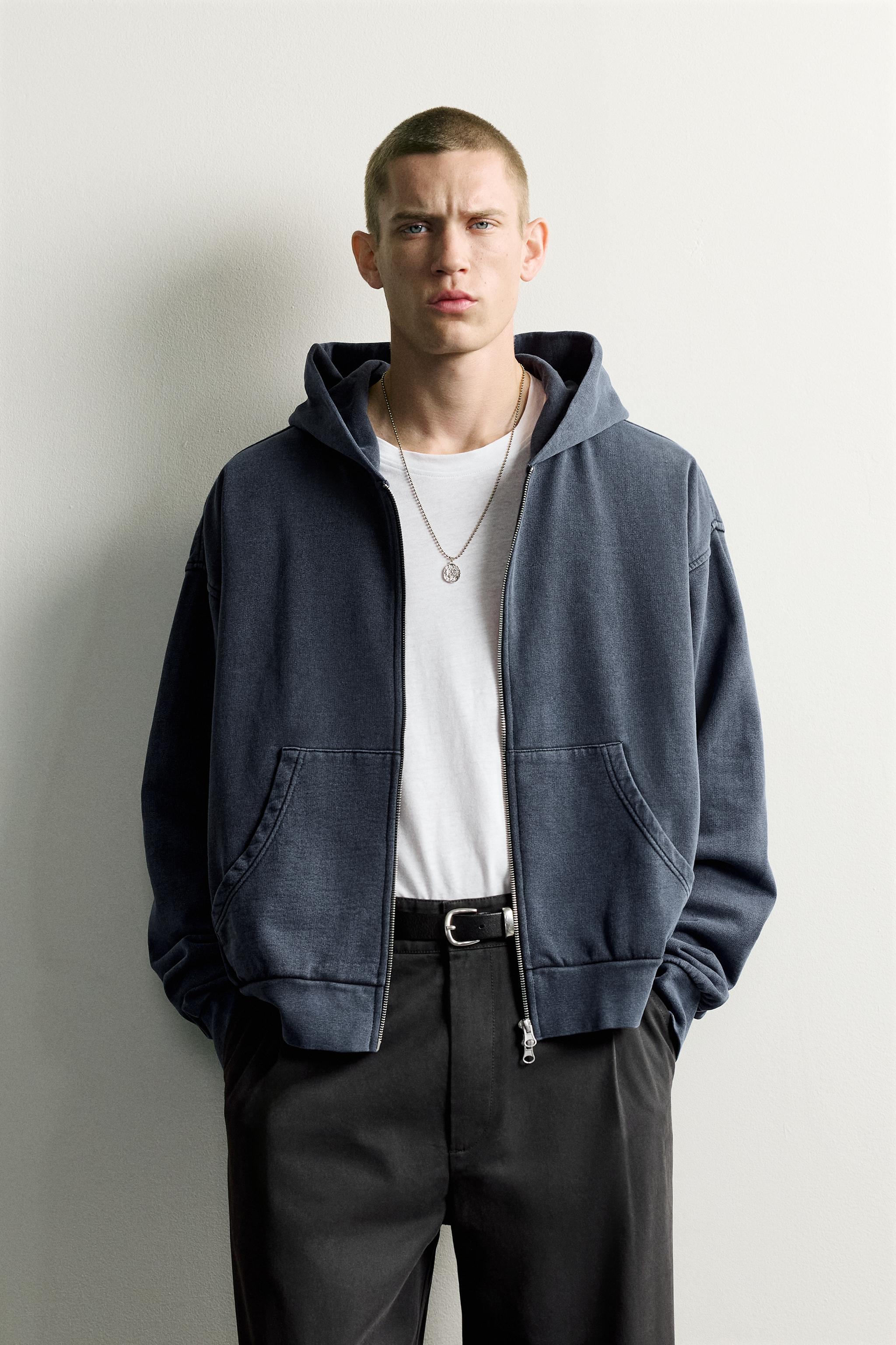 BASIC BOXY-FIT ZIP-UP HOODIE - Light blue
