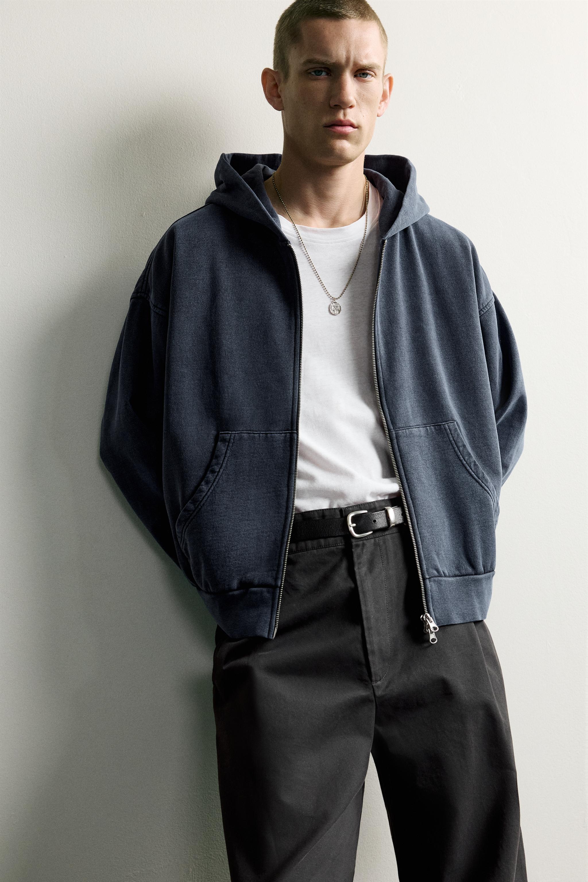 BASIC BOXY-FIT ZIP-UP HOODIE - Light blue