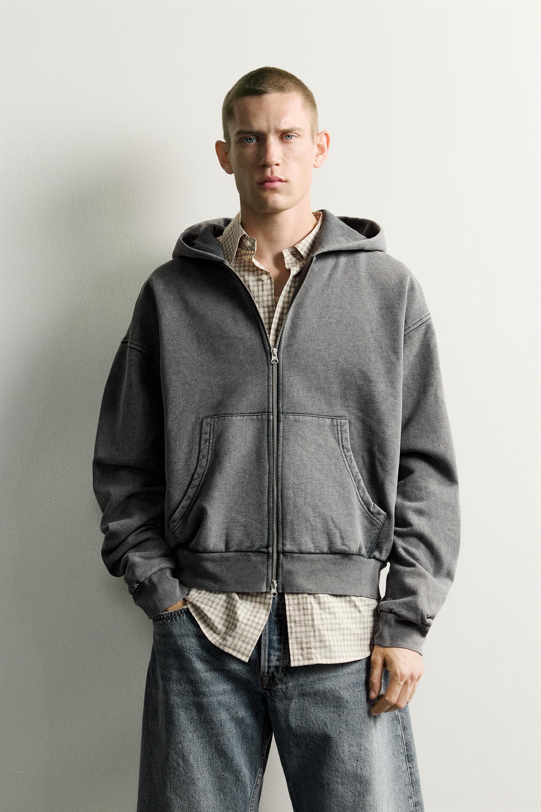 BASIC BOXY-FIT ZIP-UP HOODIE - Grayish