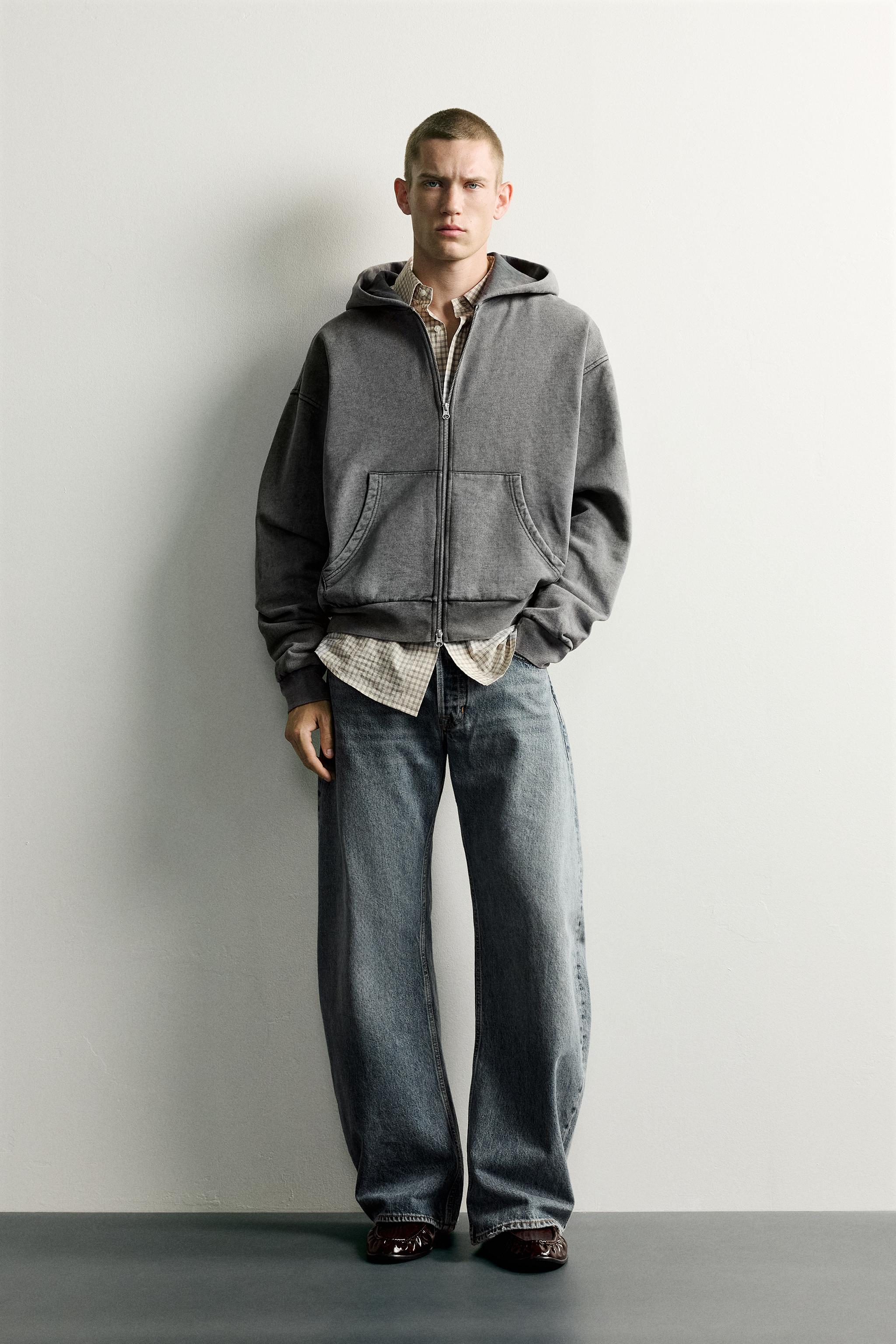 BASIC BOXY-FIT ZIP-UP HOODIE - Grayish