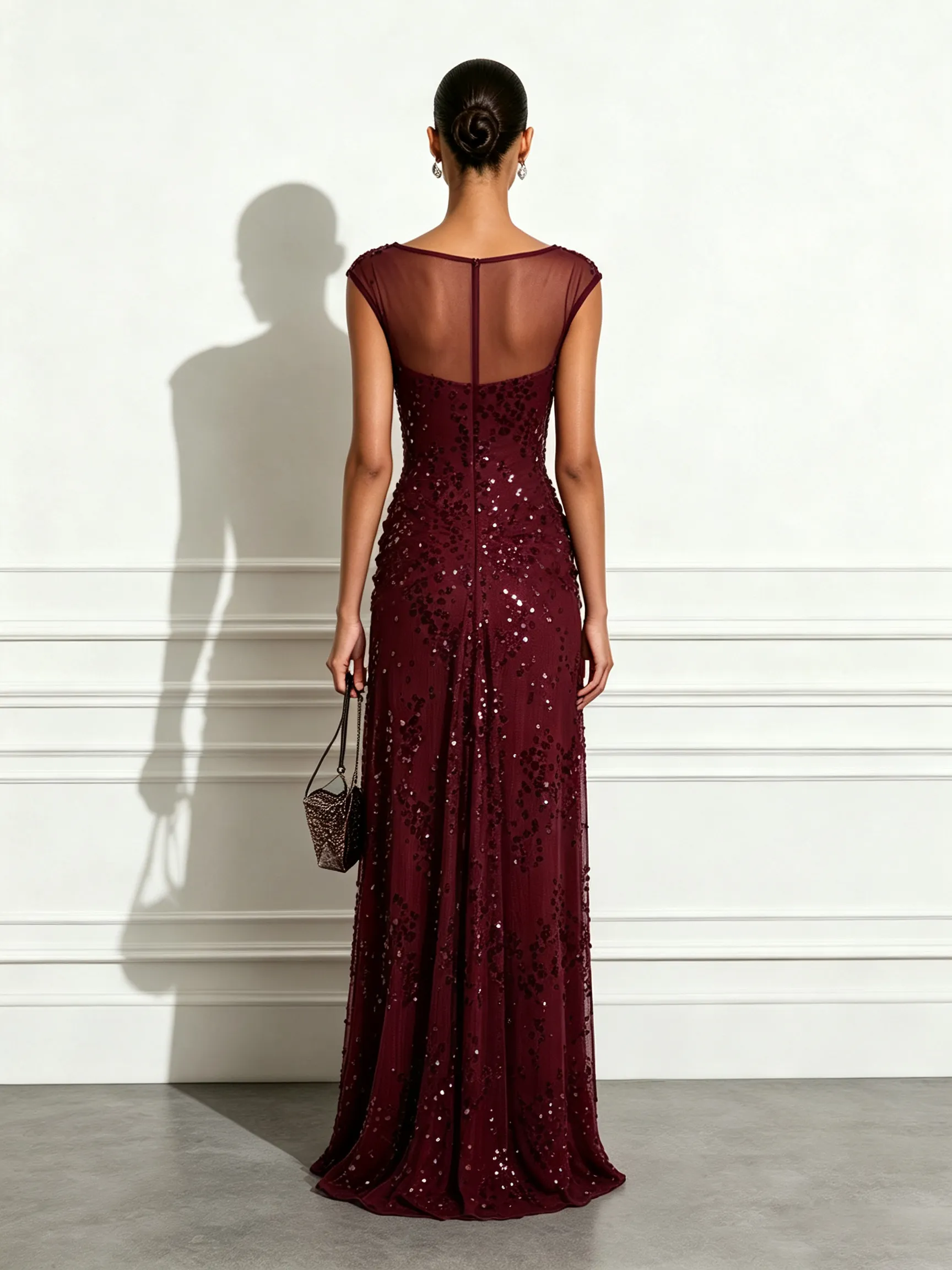 Burgundy Glitter Sequin Square Neck Cap Sleeve Sheath Gown Dress