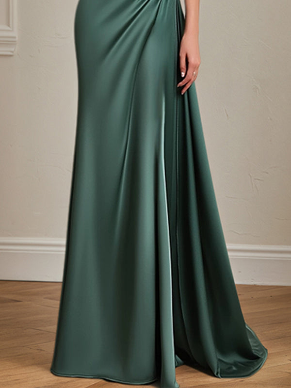 Formal Dress Green One Shoulder Rhinestone Waist Belt Floor Length Dress