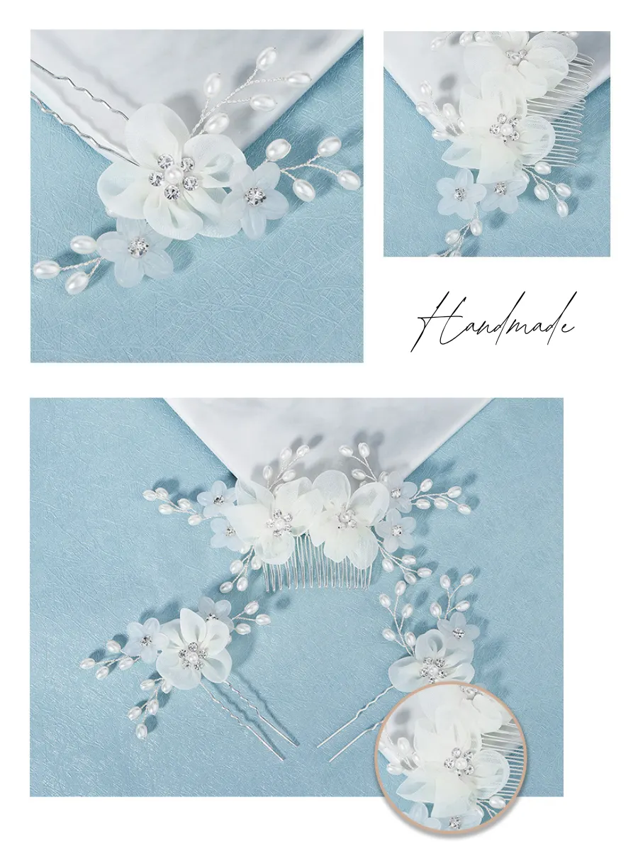 Bridal Handmade Floral Beaded Headpiece Set With Comb And U-shaped Hairpin
