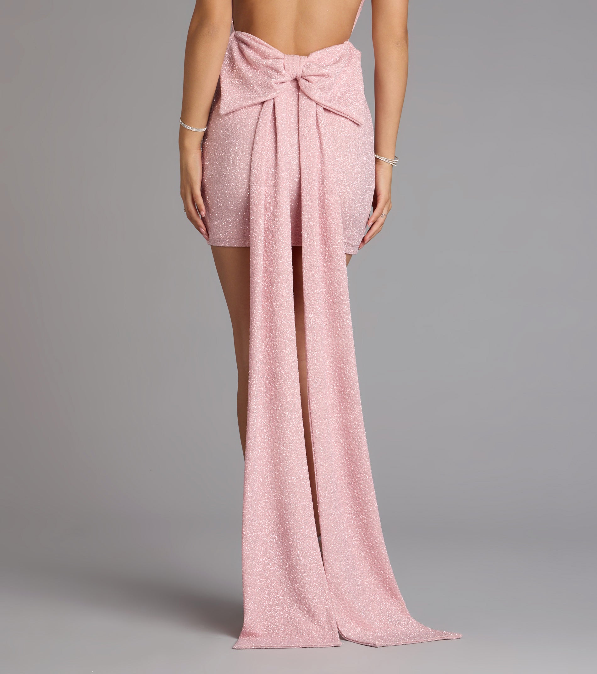 Toni Glitter Open Back Bow Mini Dress - PINK