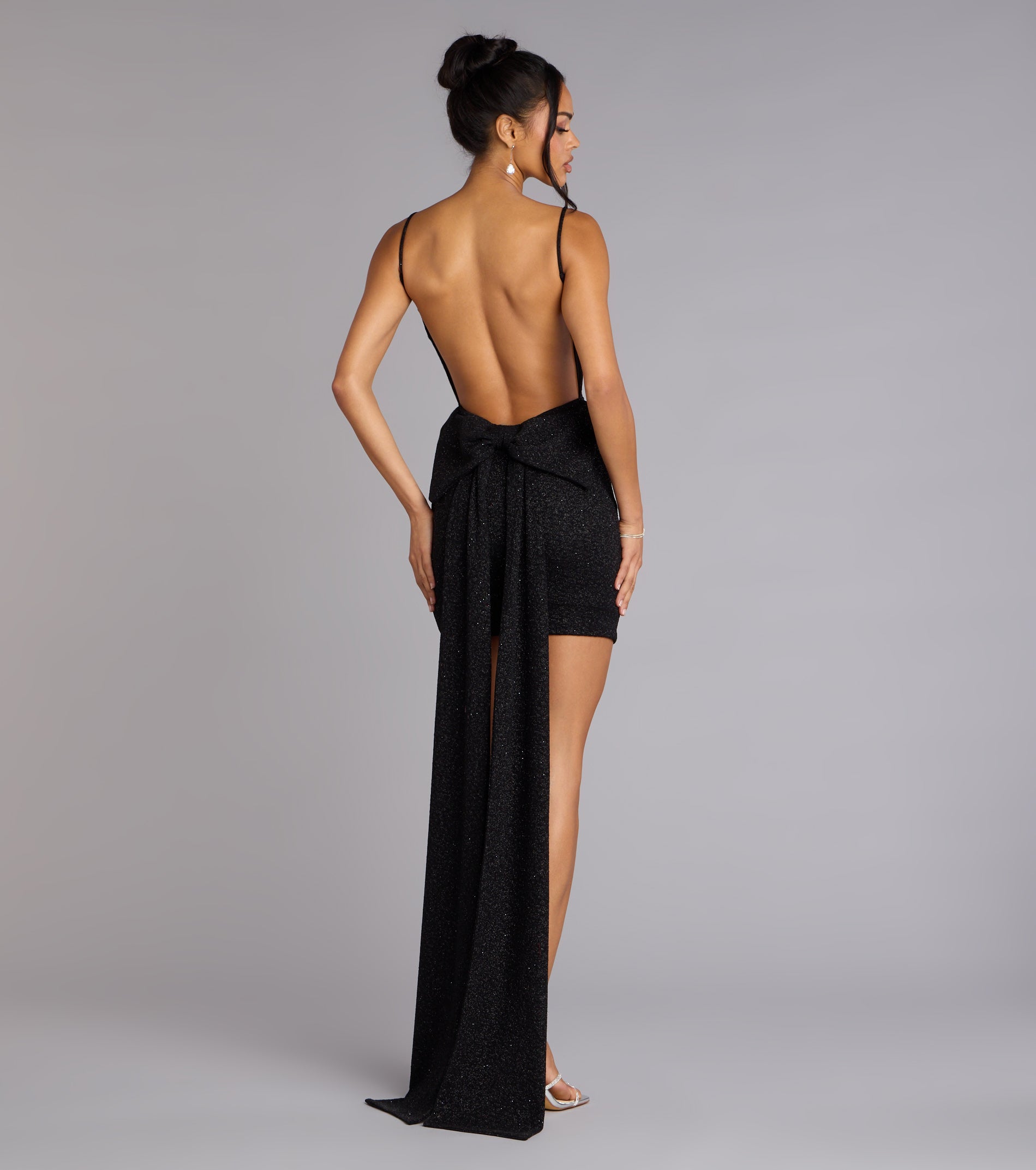 Toni Glitter Open Back Bow Mini Dress - BLACK