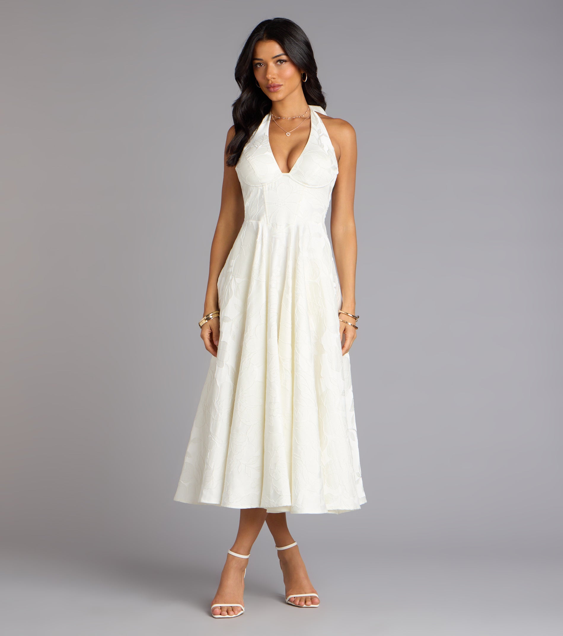 Ellen Lace-Up Halter A-Line Midi Formal Dress - IVORY