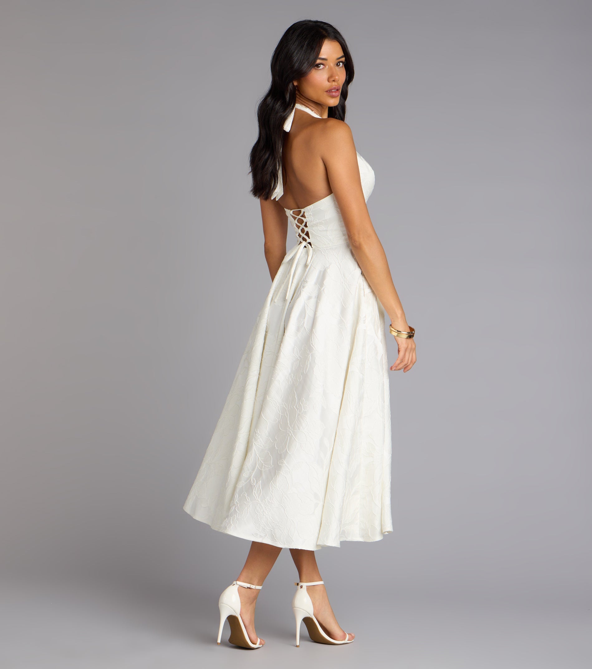 Ellen Lace-Up Halter A-Line Midi Formal Dress - IVORY