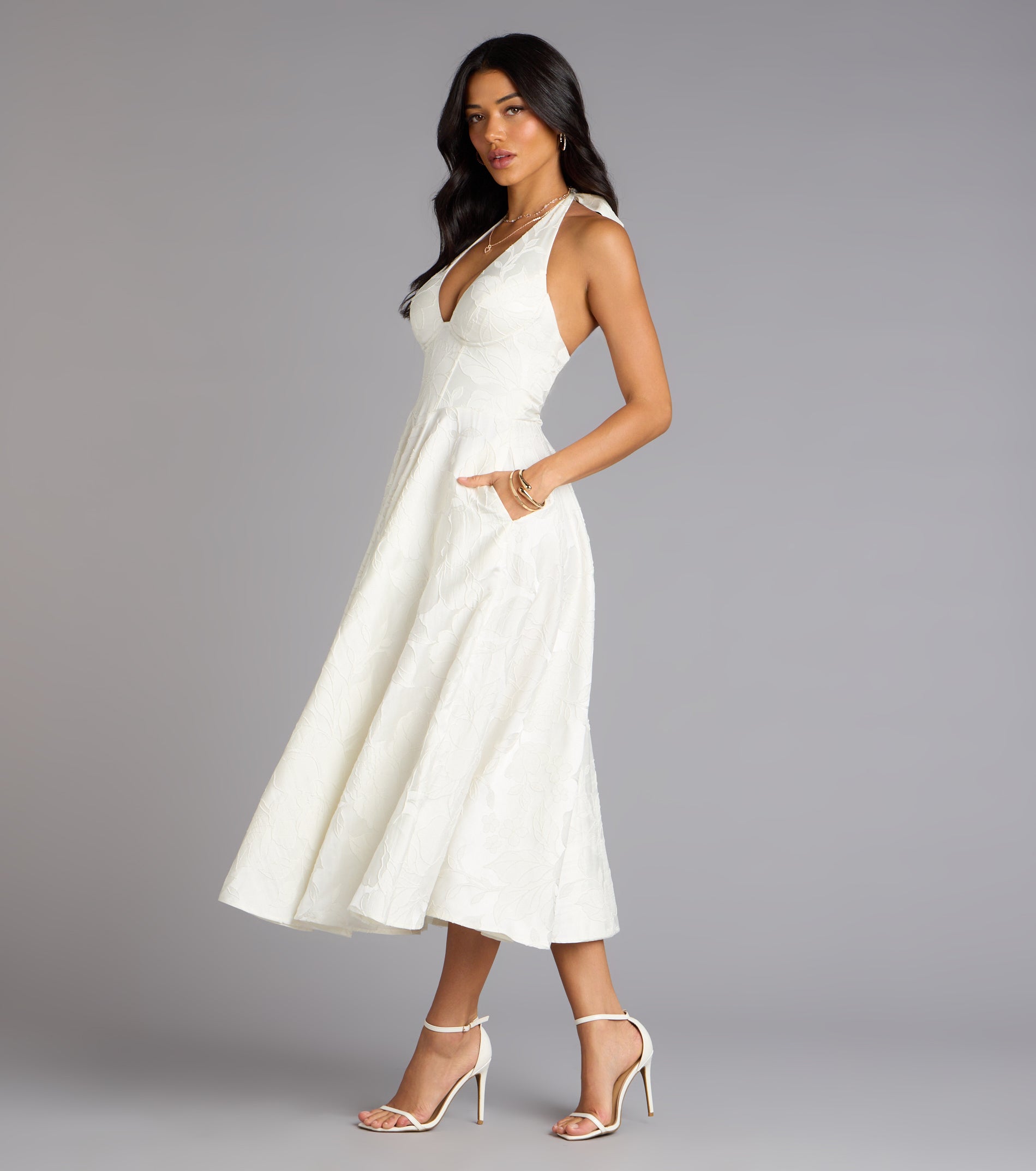 Ellen Lace-Up Halter A-Line Midi Formal Dress - IVORY