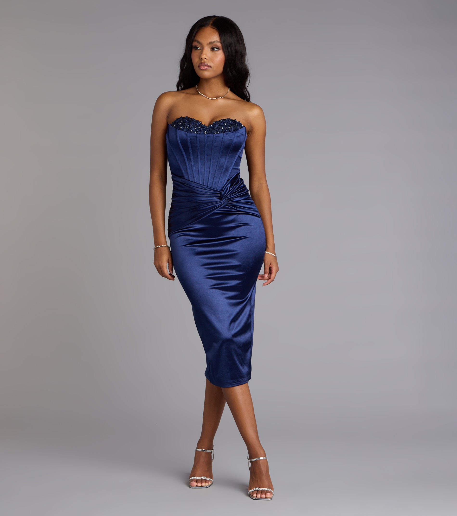 Christy Satin Lace-Up Bustier Midi Formal Dress - NAVY