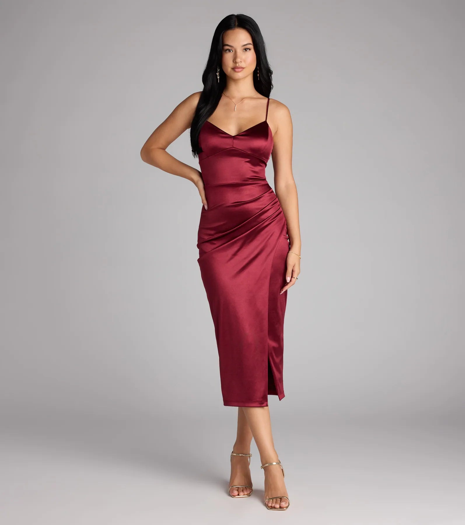 Tori Lace-Up Satin Midi Formal Dress - WINE