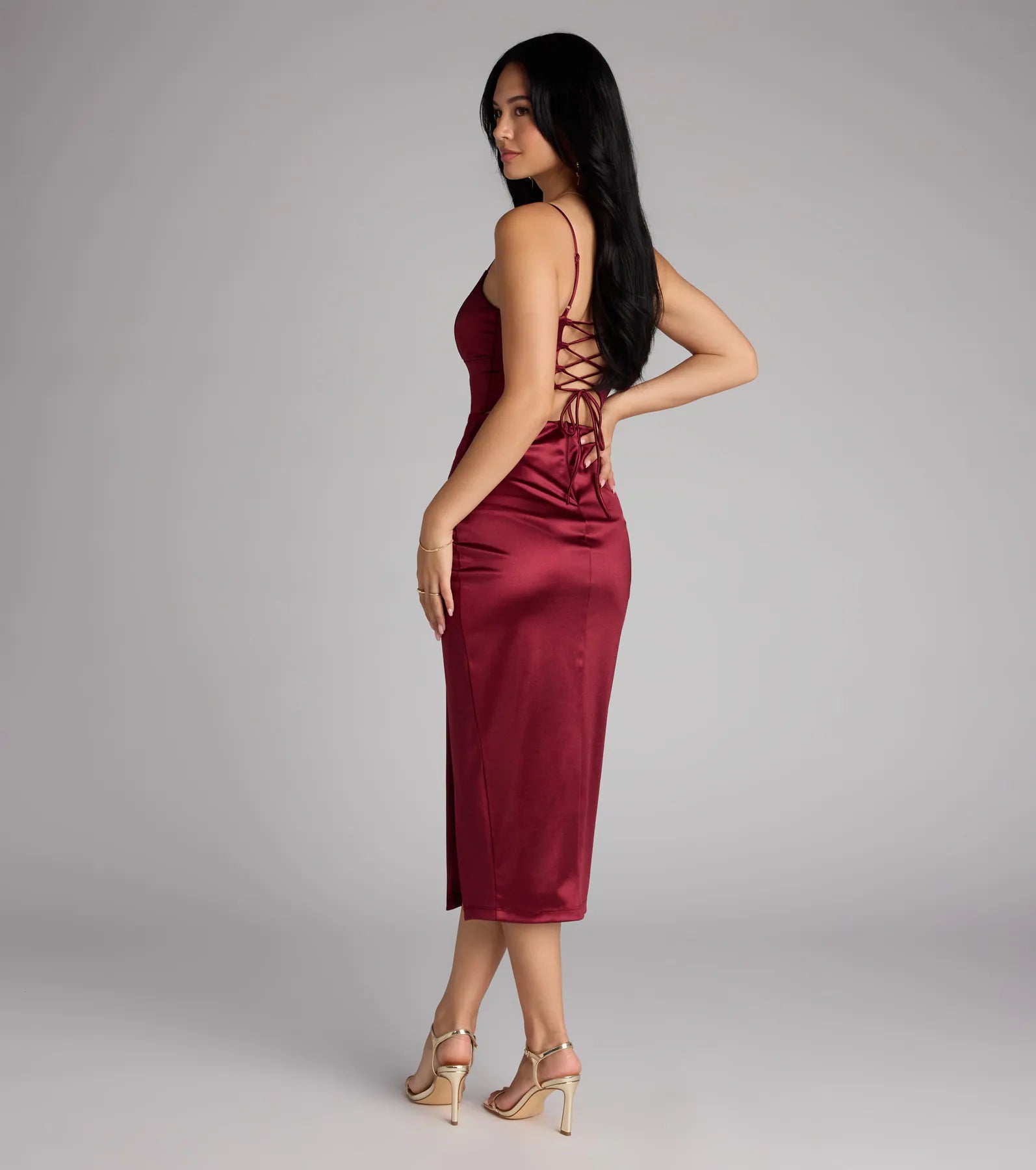Tori Lace-Up Satin Midi Formal Dress - WINE