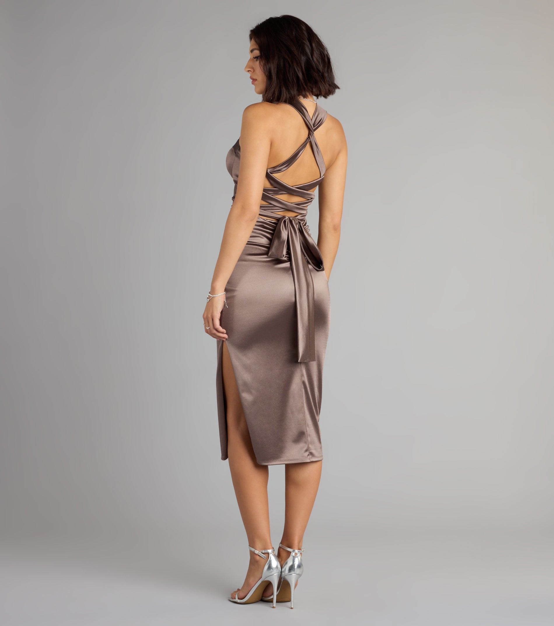 Jane Satin Lace-Up Midi Formal Dress - BROWN