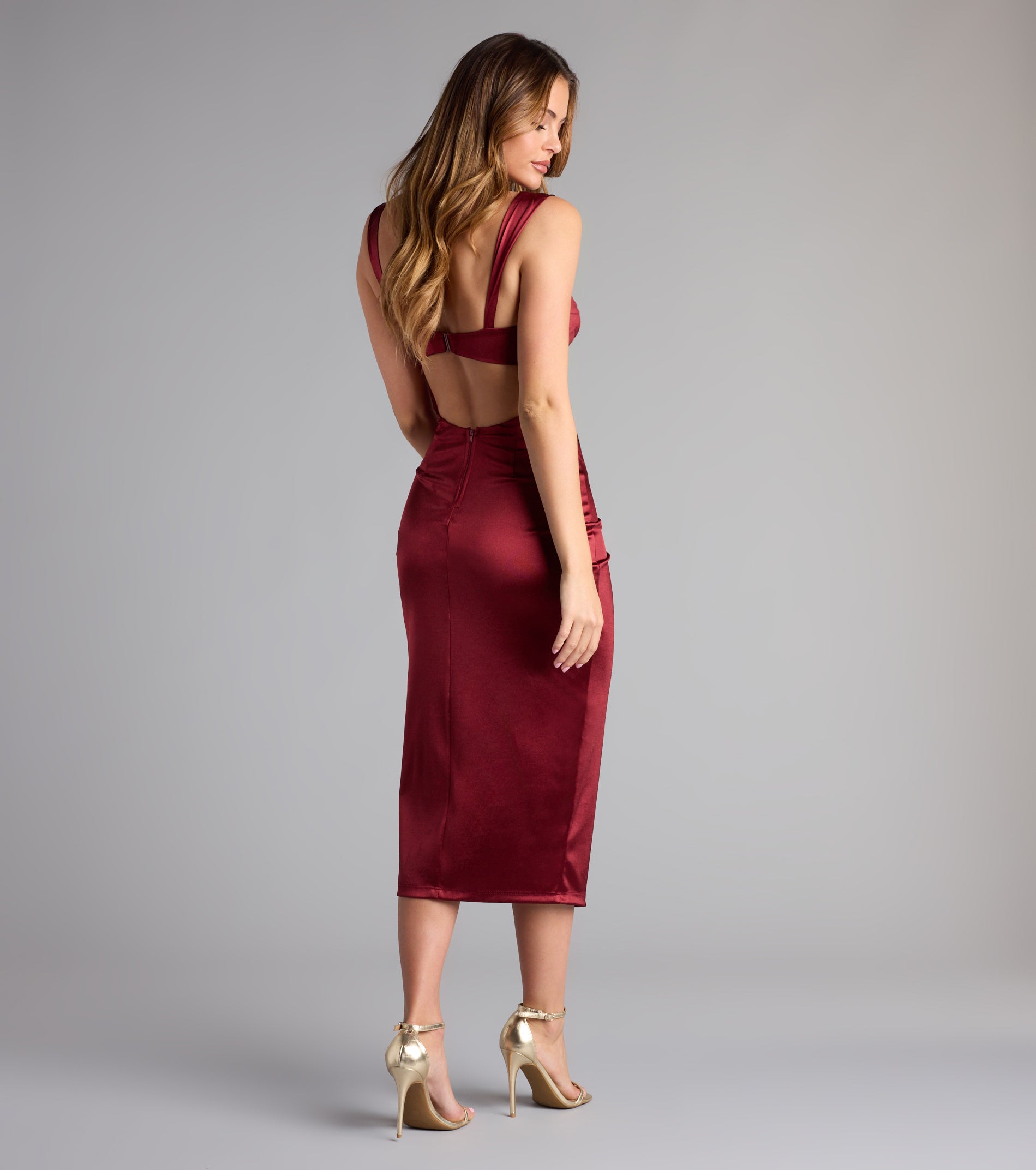 Dara Cutout Slit Satin Midi Formal Dress - BURGUNDY
