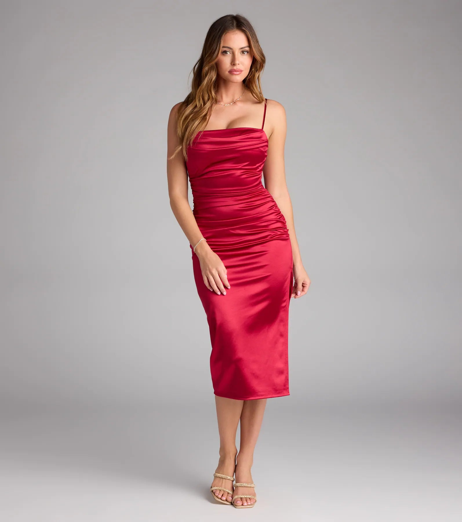 Chelsea Satin Midi Formal Dress - RED