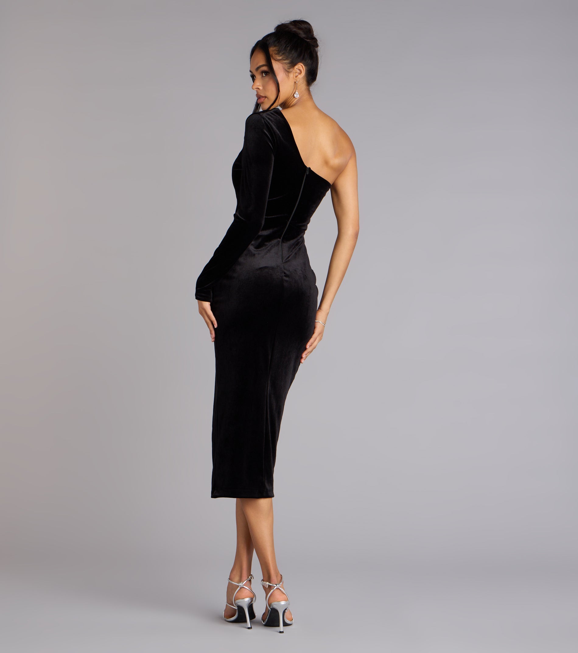 Marleigh Velvet One-Shoulder Midi Dress - BLACK