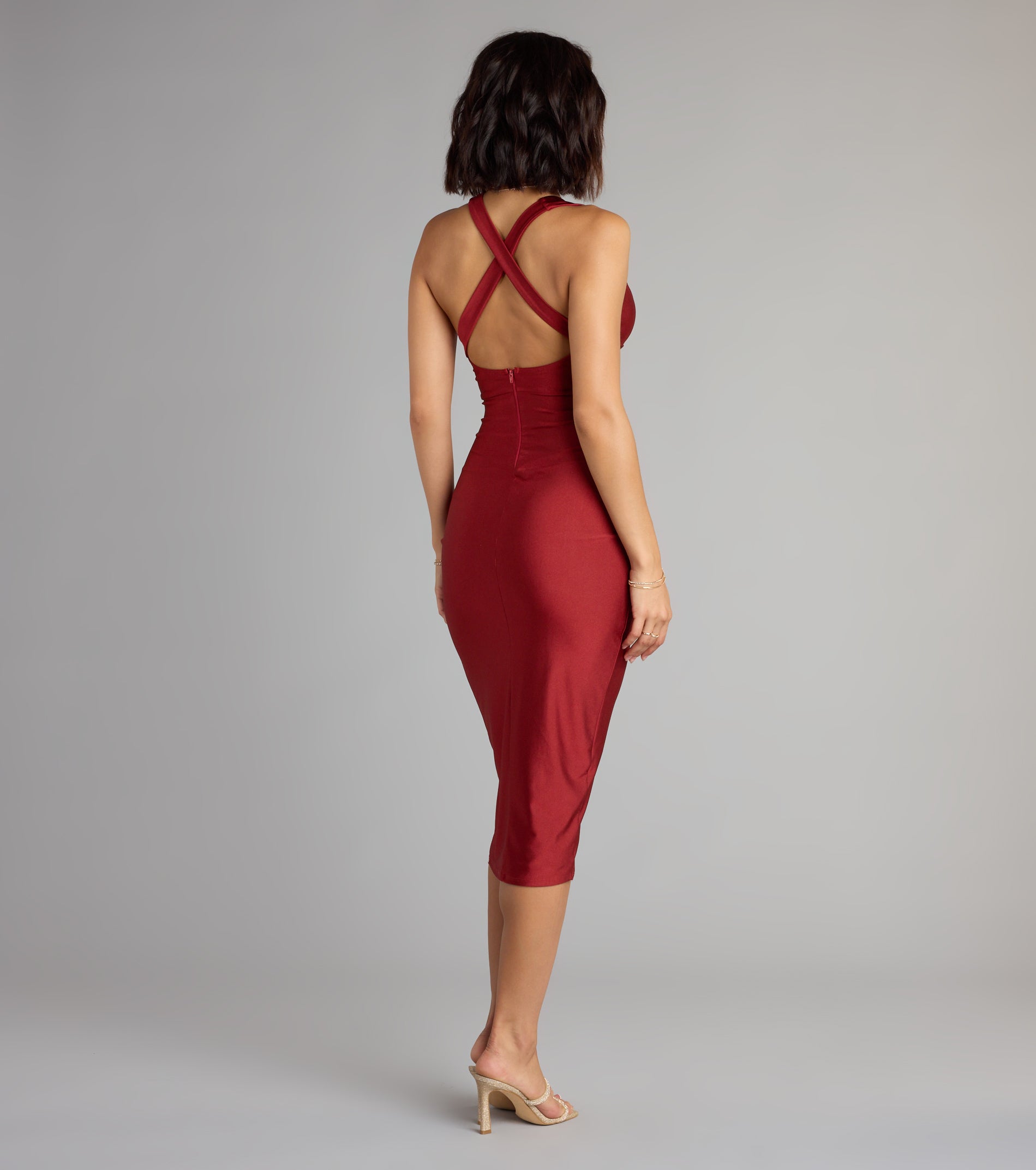 Piper V-Neck Bodycon Midi Formal Dress - RUST