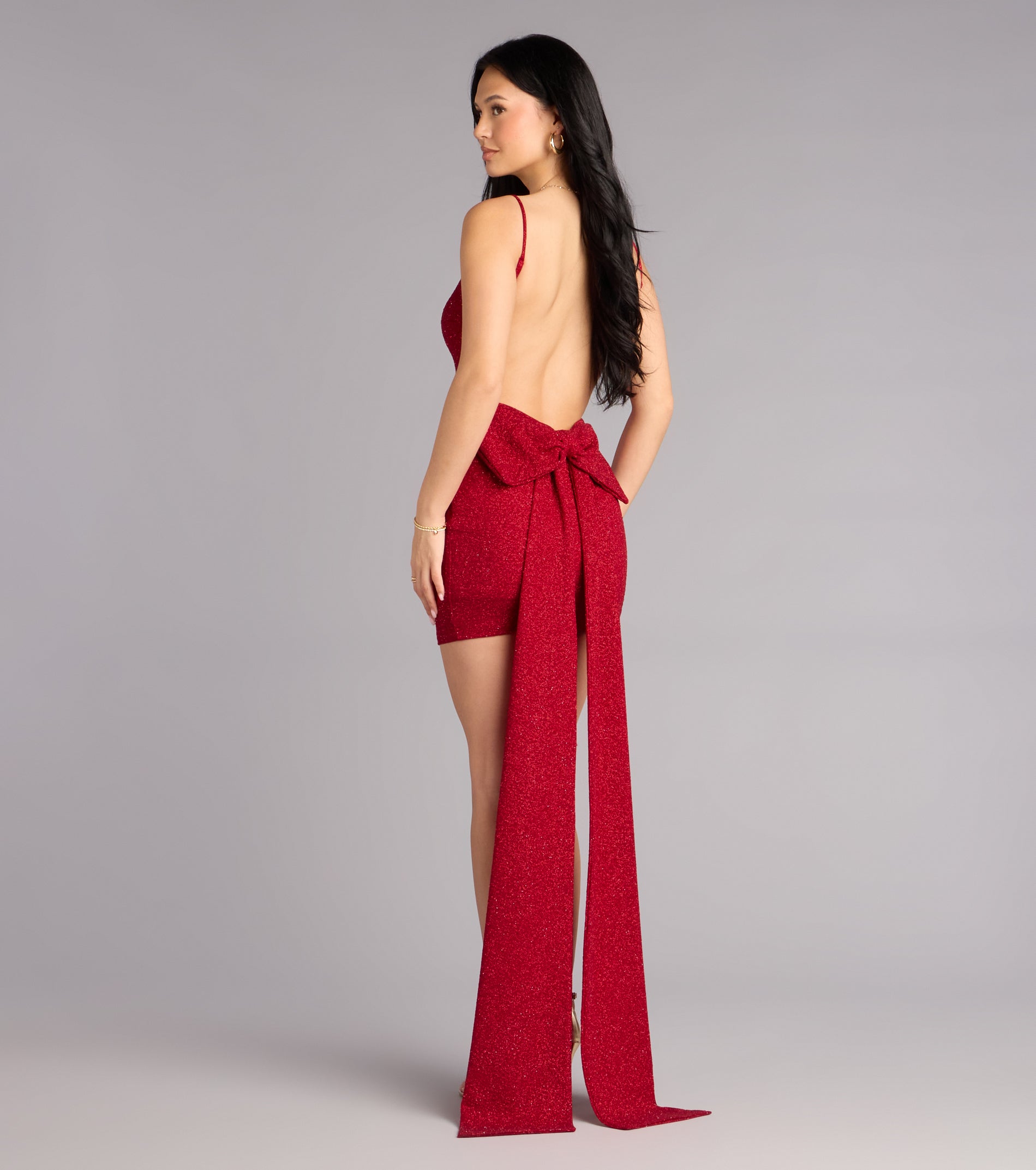 Toni Glitter Open Back Bow Mini Dress - RED