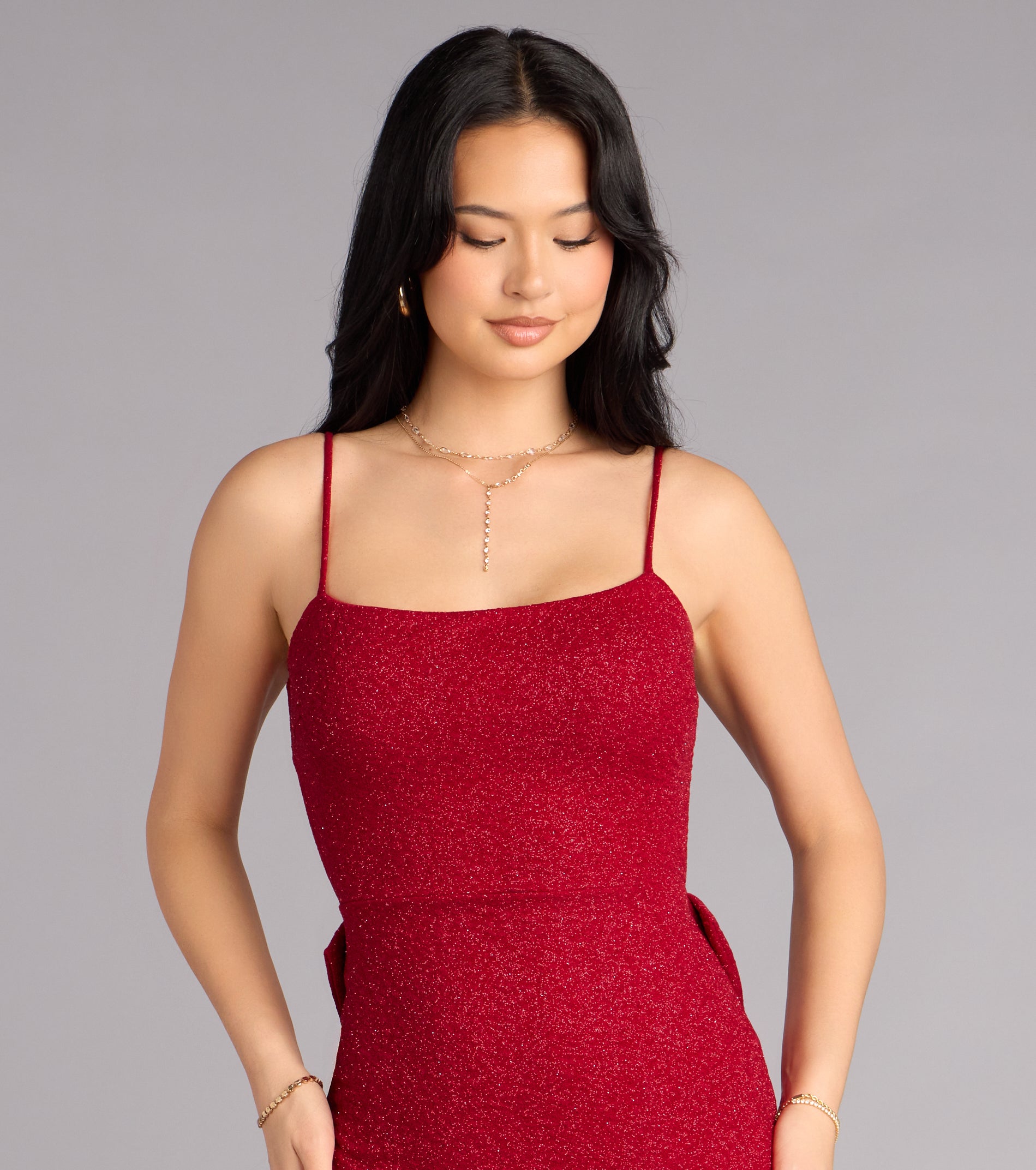 Toni Glitter Open Back Bow Mini Dress - RED