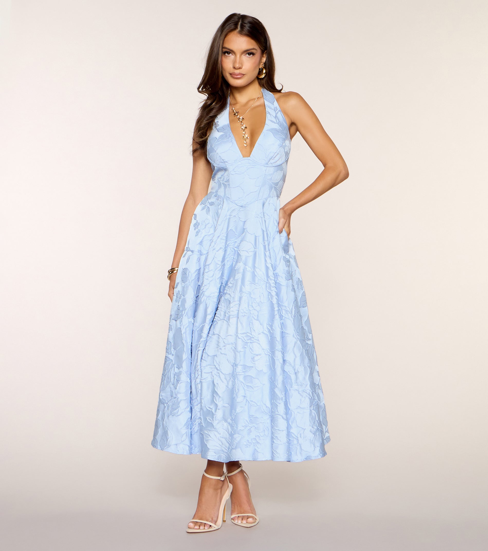 Ellen Lace-Up Halter A-Line Midi Formal Dress - LIGHT BLUE