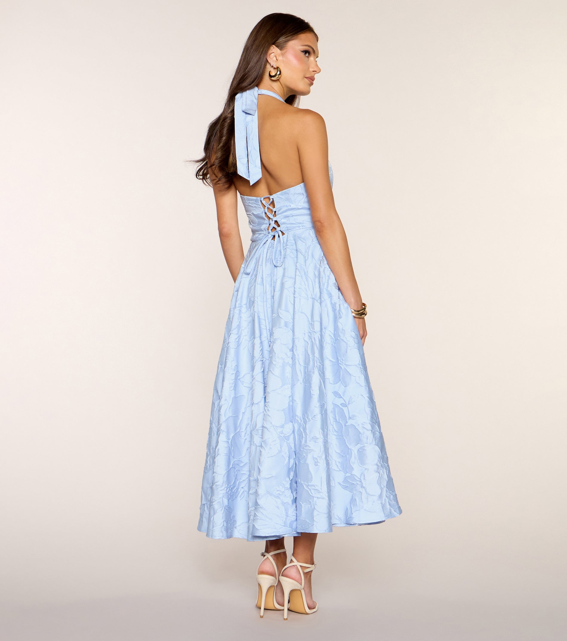 Ellen Lace-Up Halter A-Line Midi Formal Dress - LIGHT BLUE
