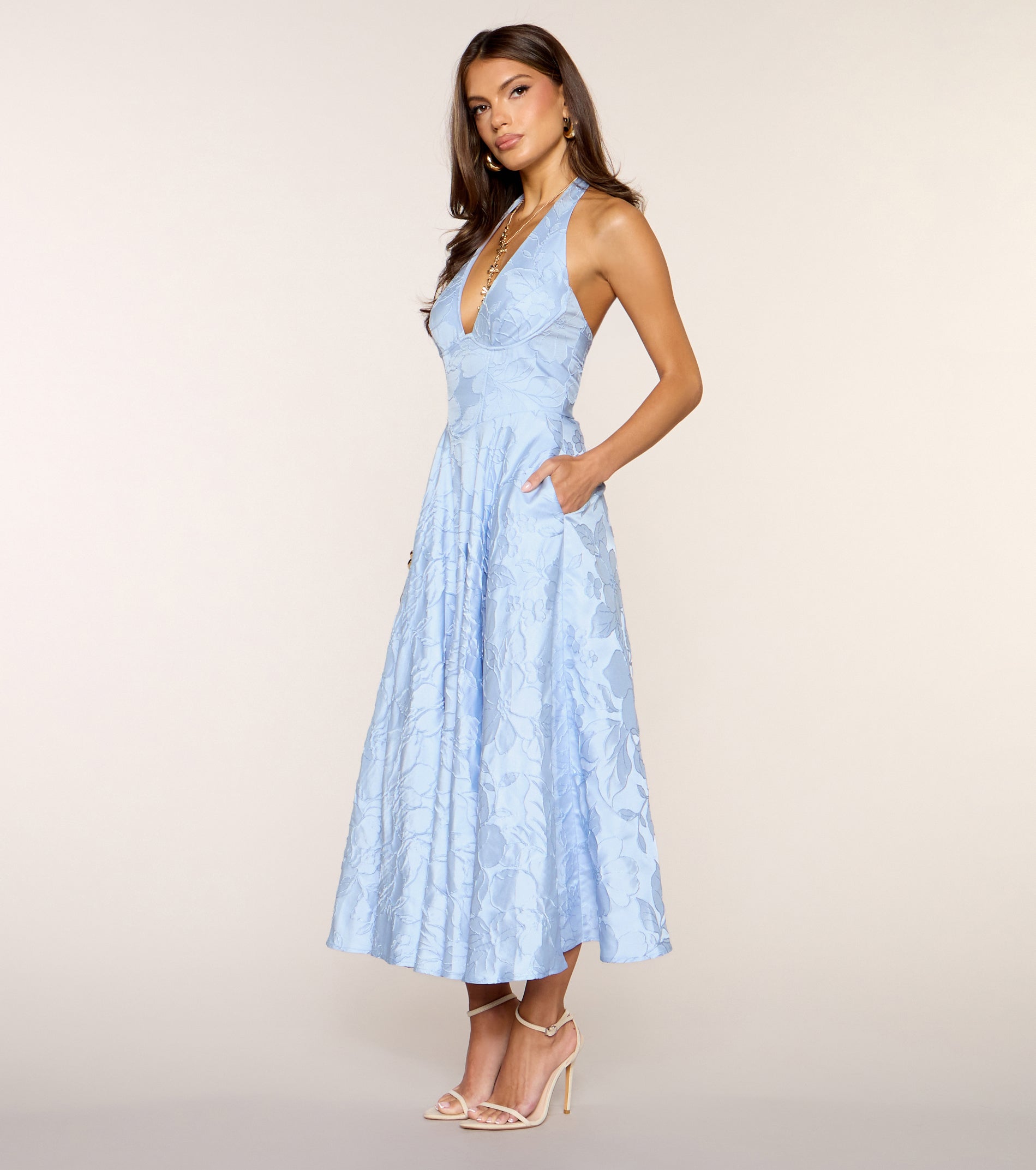 Ellen Lace-Up Halter A-Line Midi Formal Dress - LIGHT BLUE