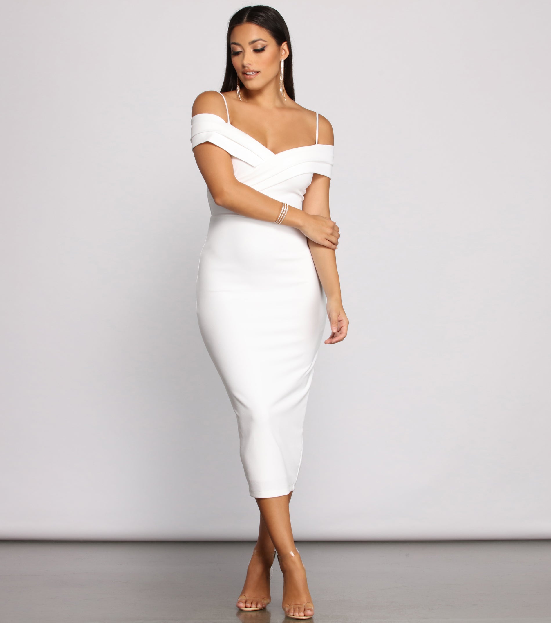 Valeria Formal Off-The-Shoulder Crepe Midi Dress - IVORY