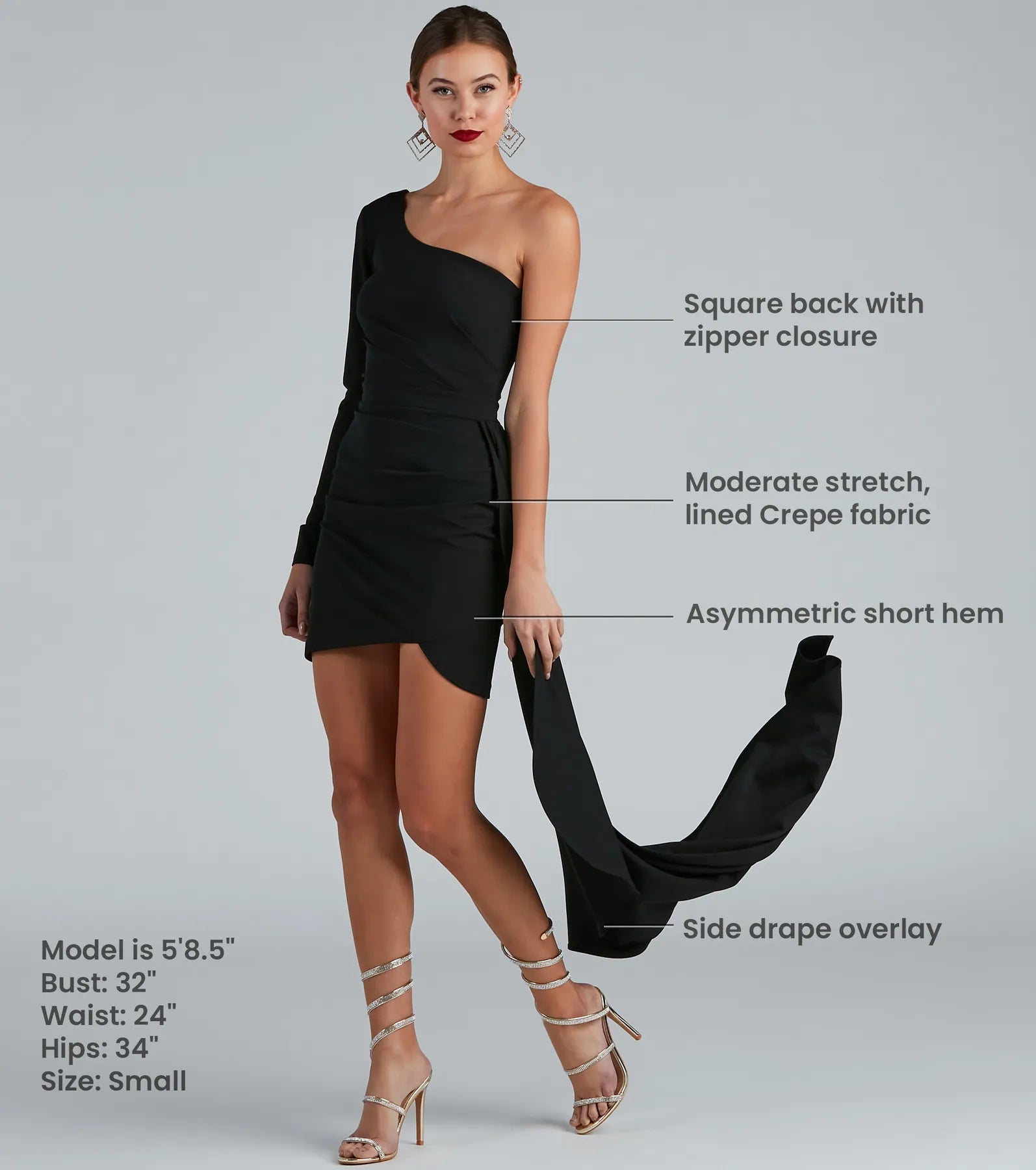 Emily One-Shoulder Pleated Asymmetric Mini Dress - BLACK