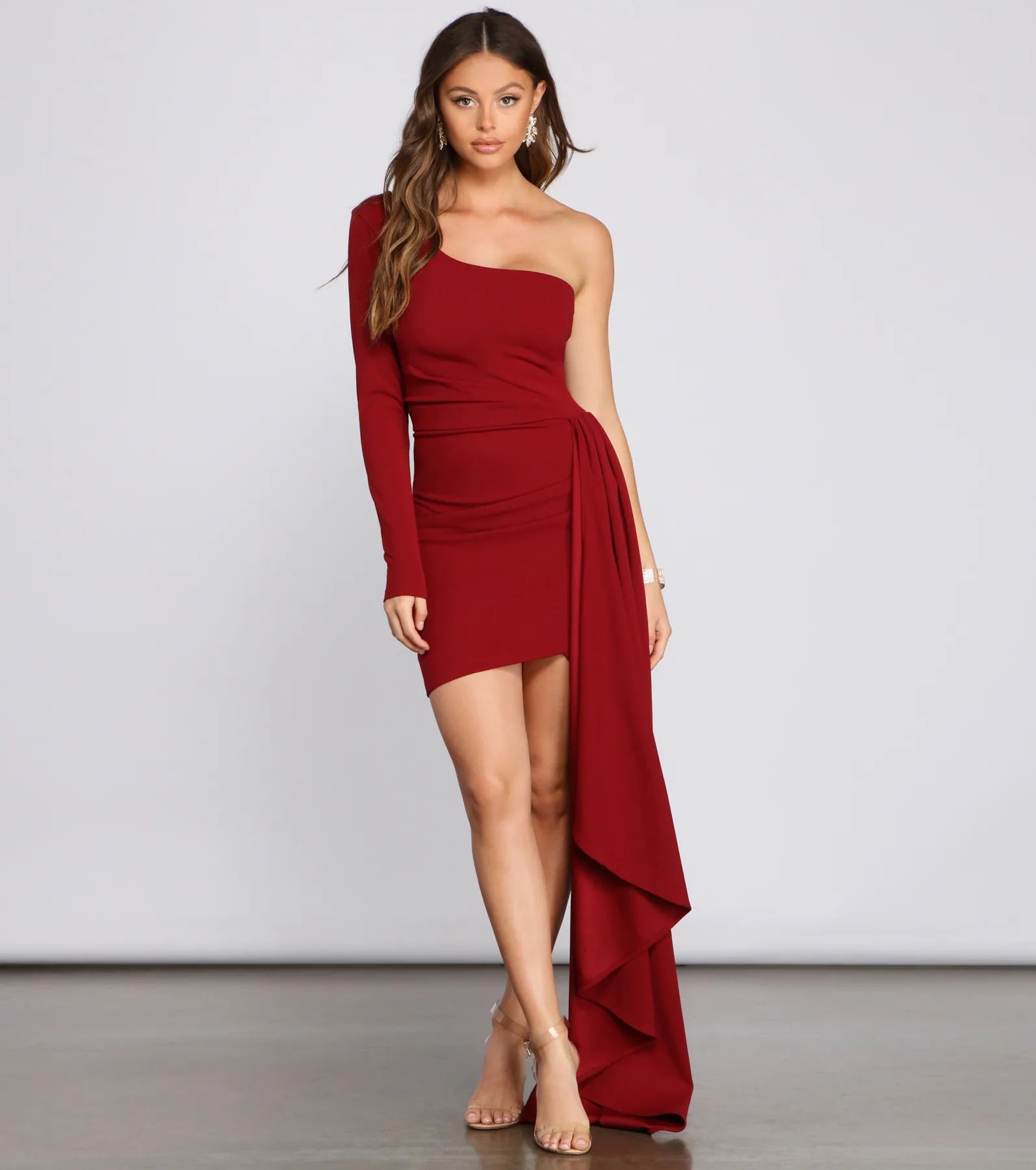 Emily One-Shoulder Pleated Asymmetric Mini Dress - BURGUNDY