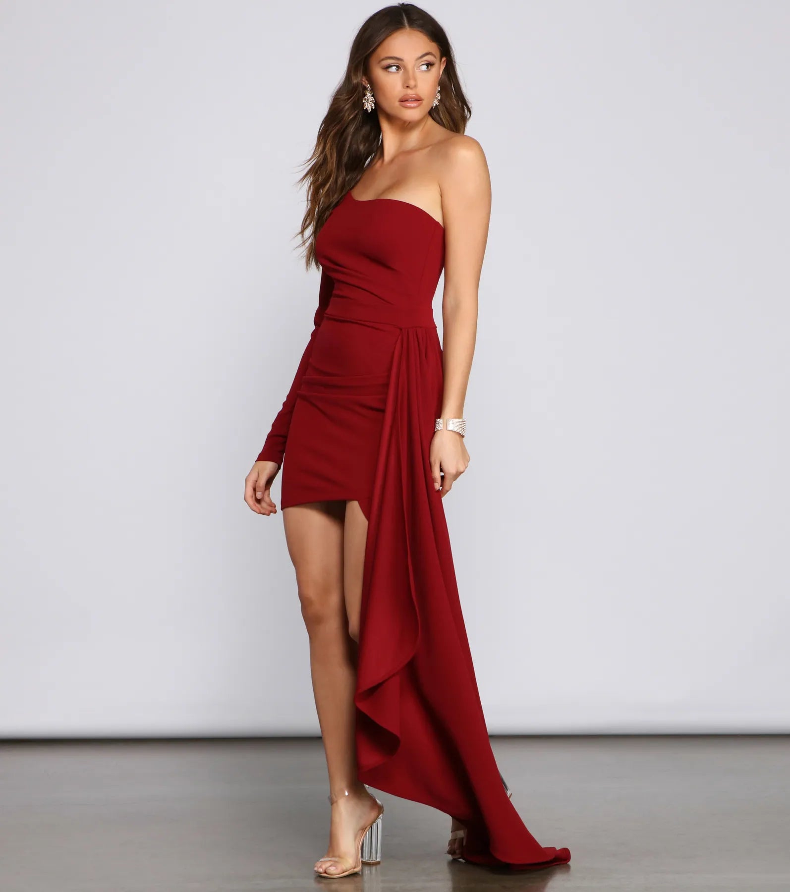 Emily One-Shoulder Pleated Asymmetric Mini Dress - BURGUNDY