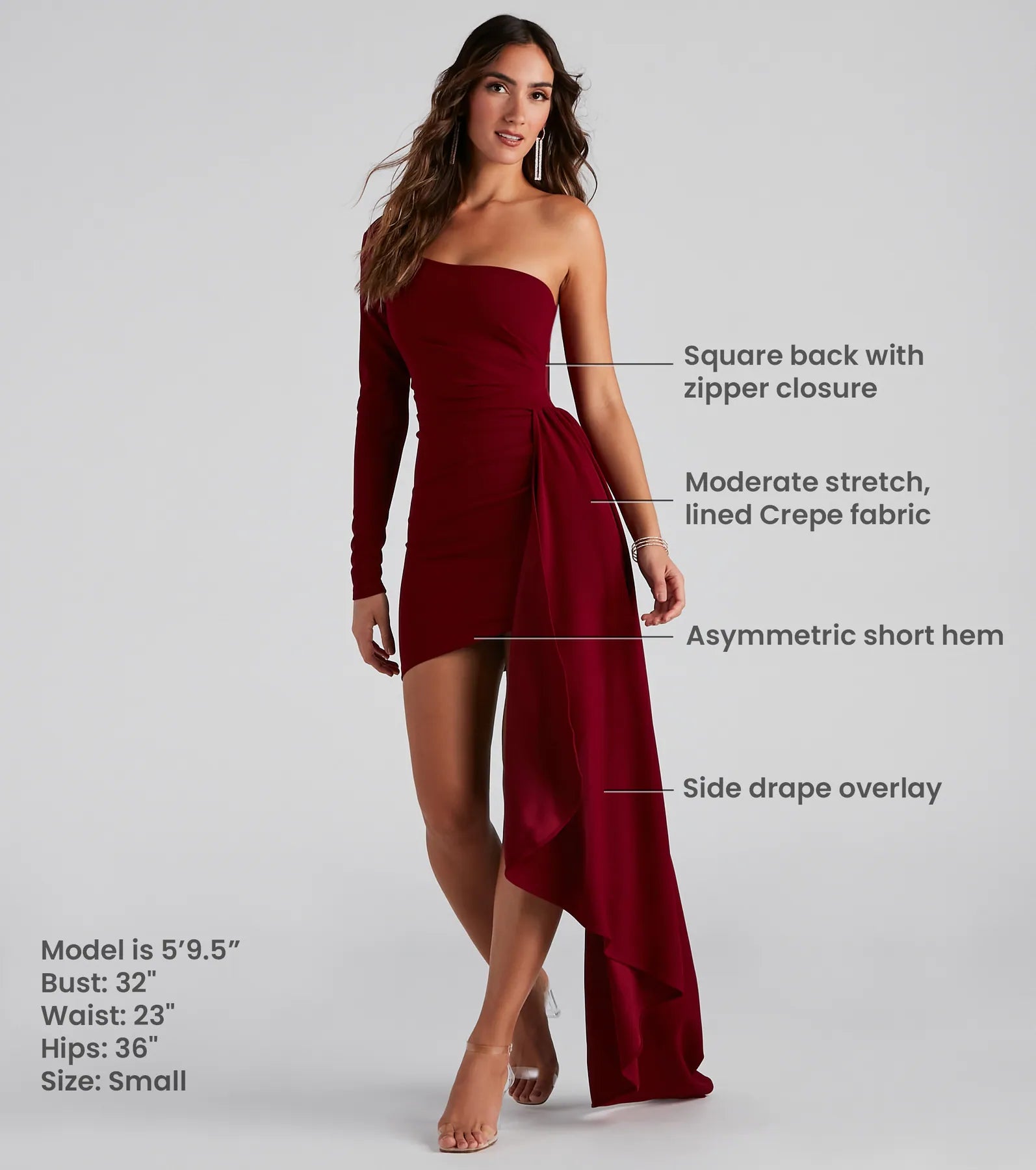 Emily One-Shoulder Pleated Asymmetric Mini Dress - BURGUNDY