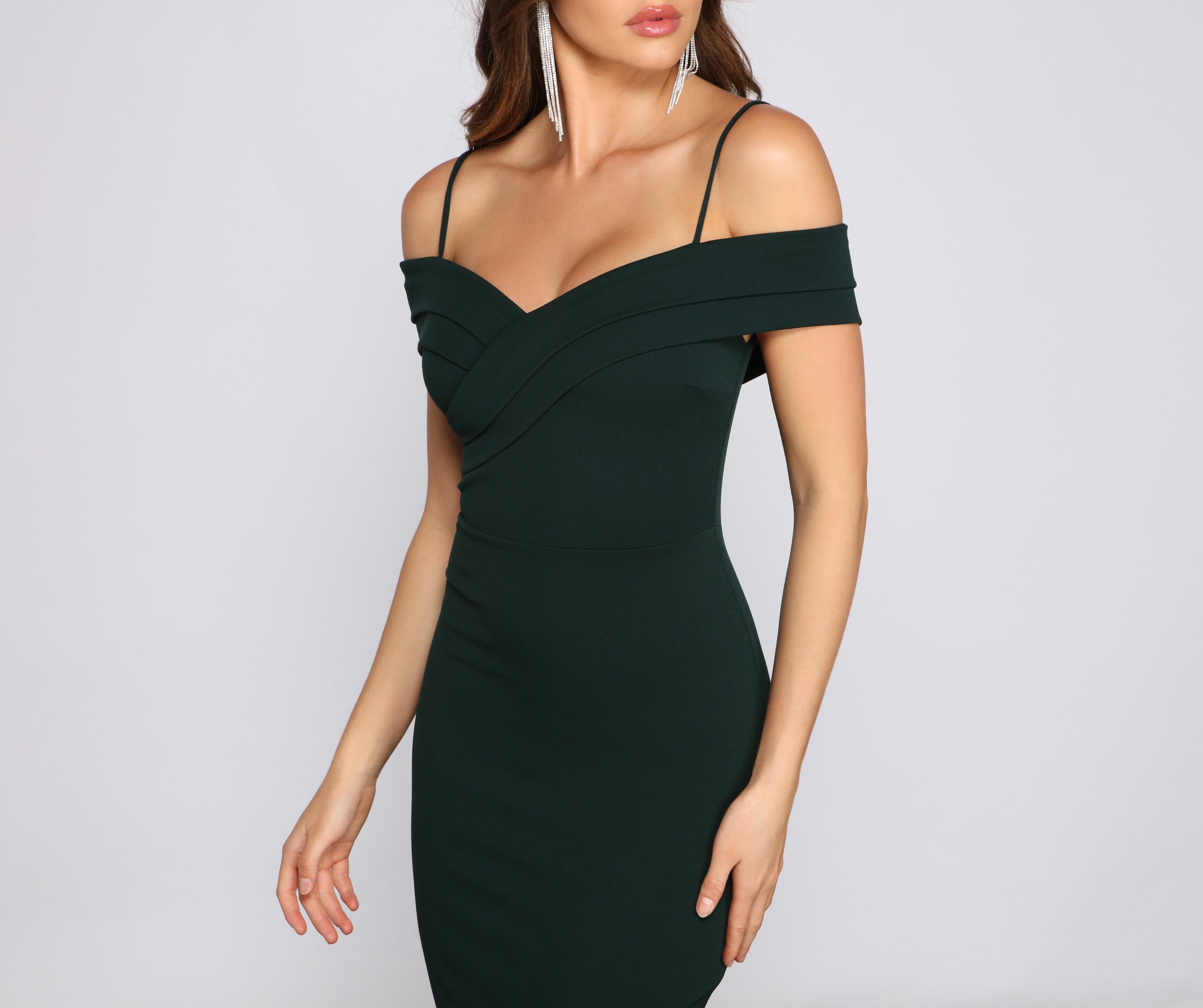 Valeria Formal Off-The-Shoulder Crepe Midi Dress - HUNTER