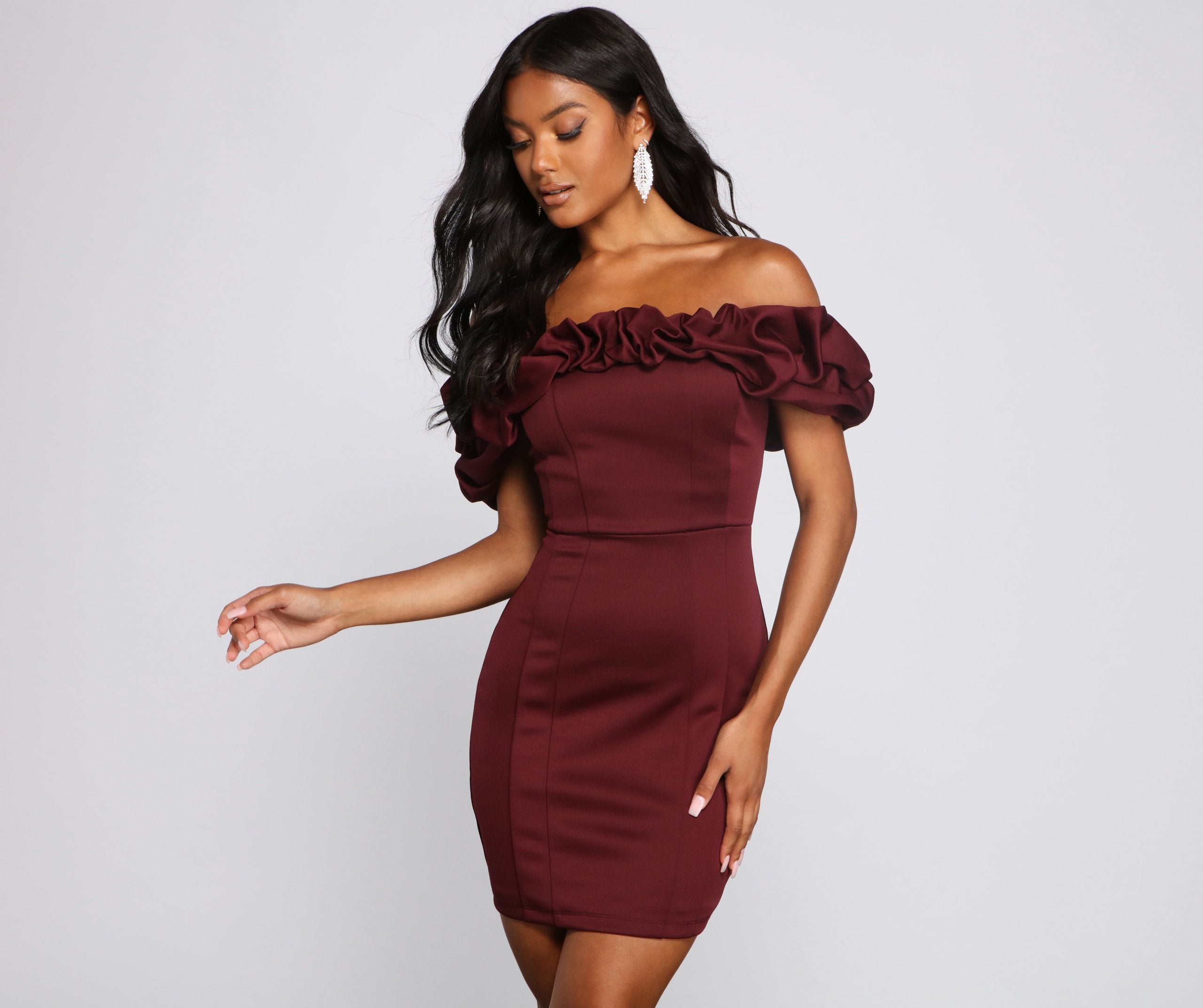 Kiari Formal Off the Shoulder Ruffled Dress - BURGUNDY