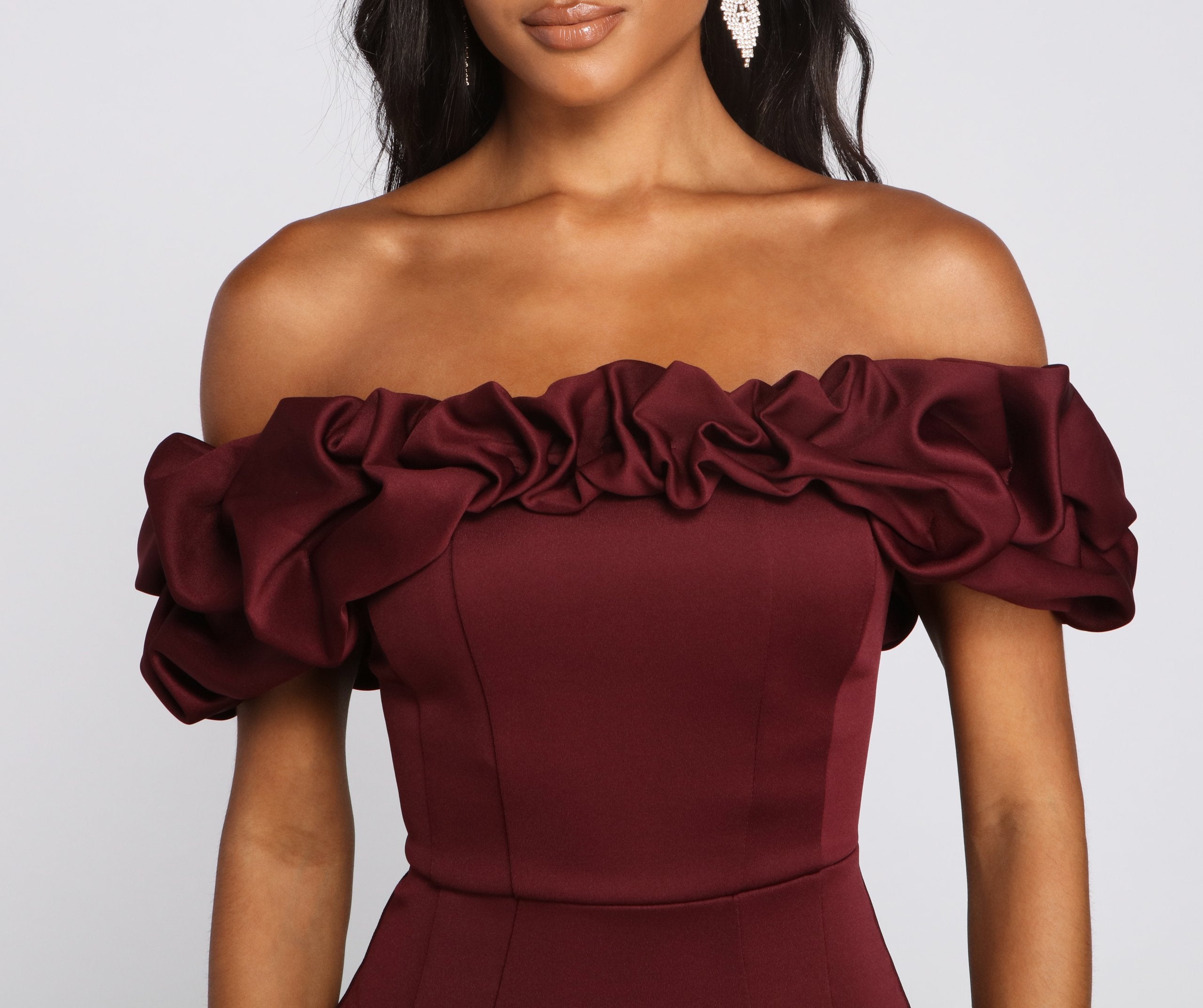 Kiari Formal Off the Shoulder Ruffled Dress - BURGUNDY