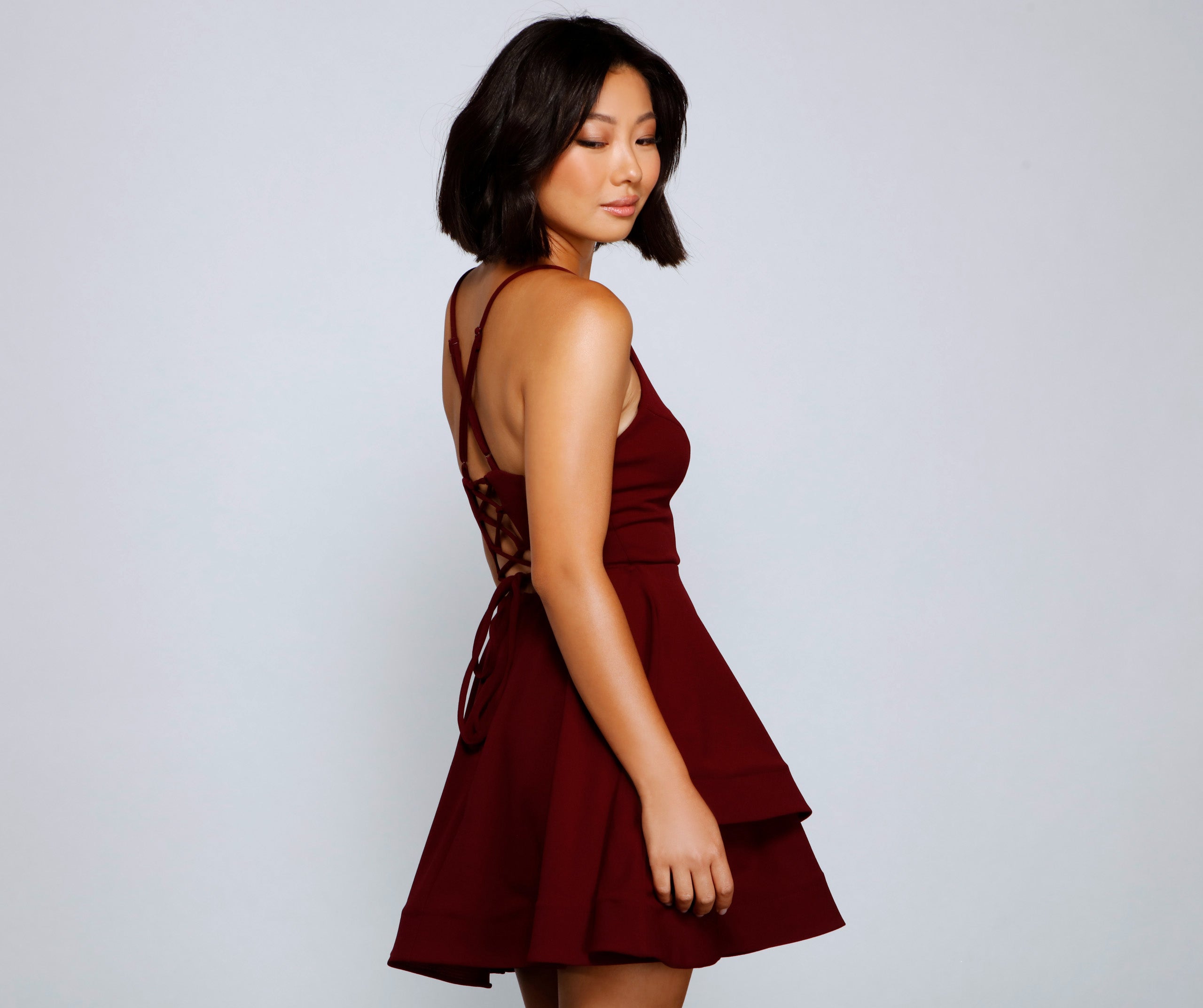 Isabella Lace-Up Back Skater Dress - BURGUNDY