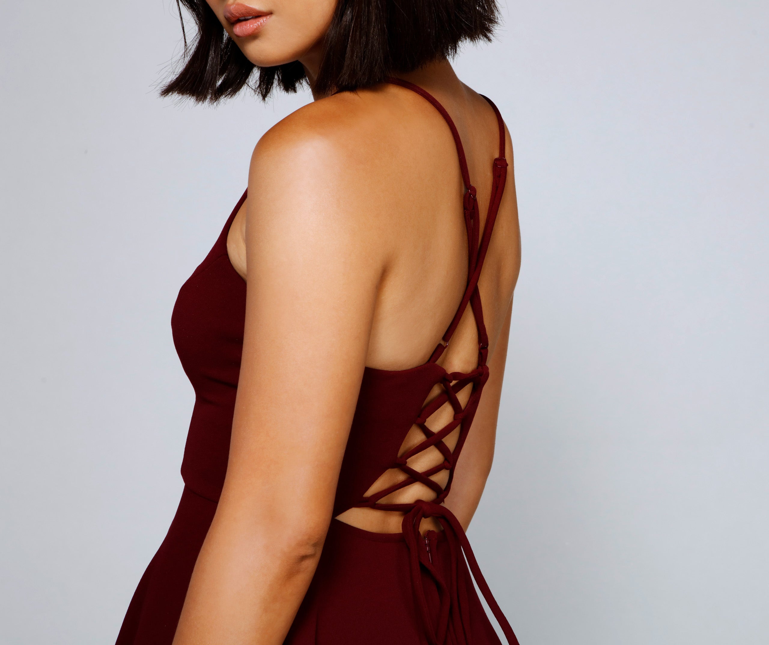 Isabella Lace-Up Back Skater Dress - BURGUNDY