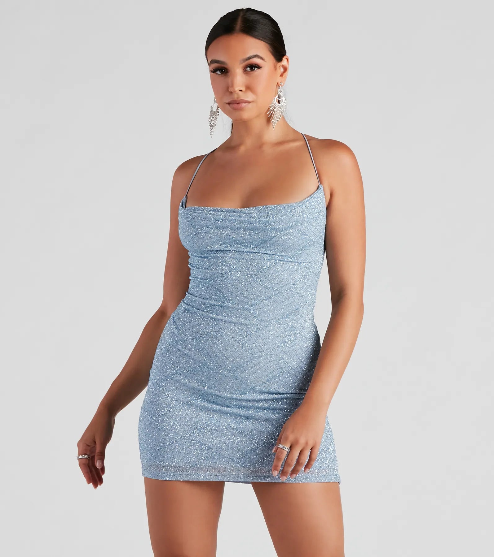 Kindra Formal X-Back Glitter Bodycon Dress - LIGHT BLUE
