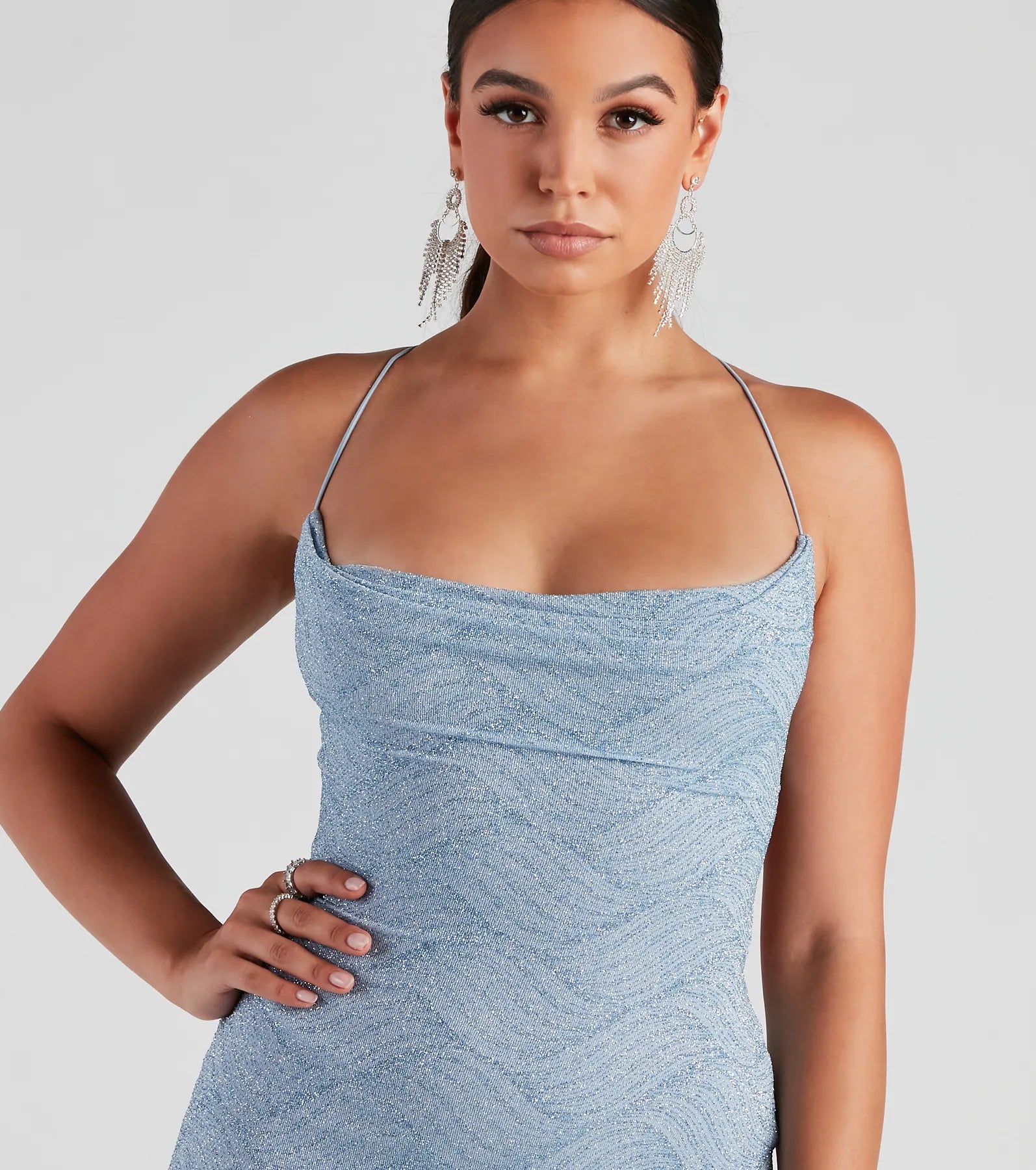 Kindra Formal X-Back Glitter Bodycon Dress - LIGHT BLUE